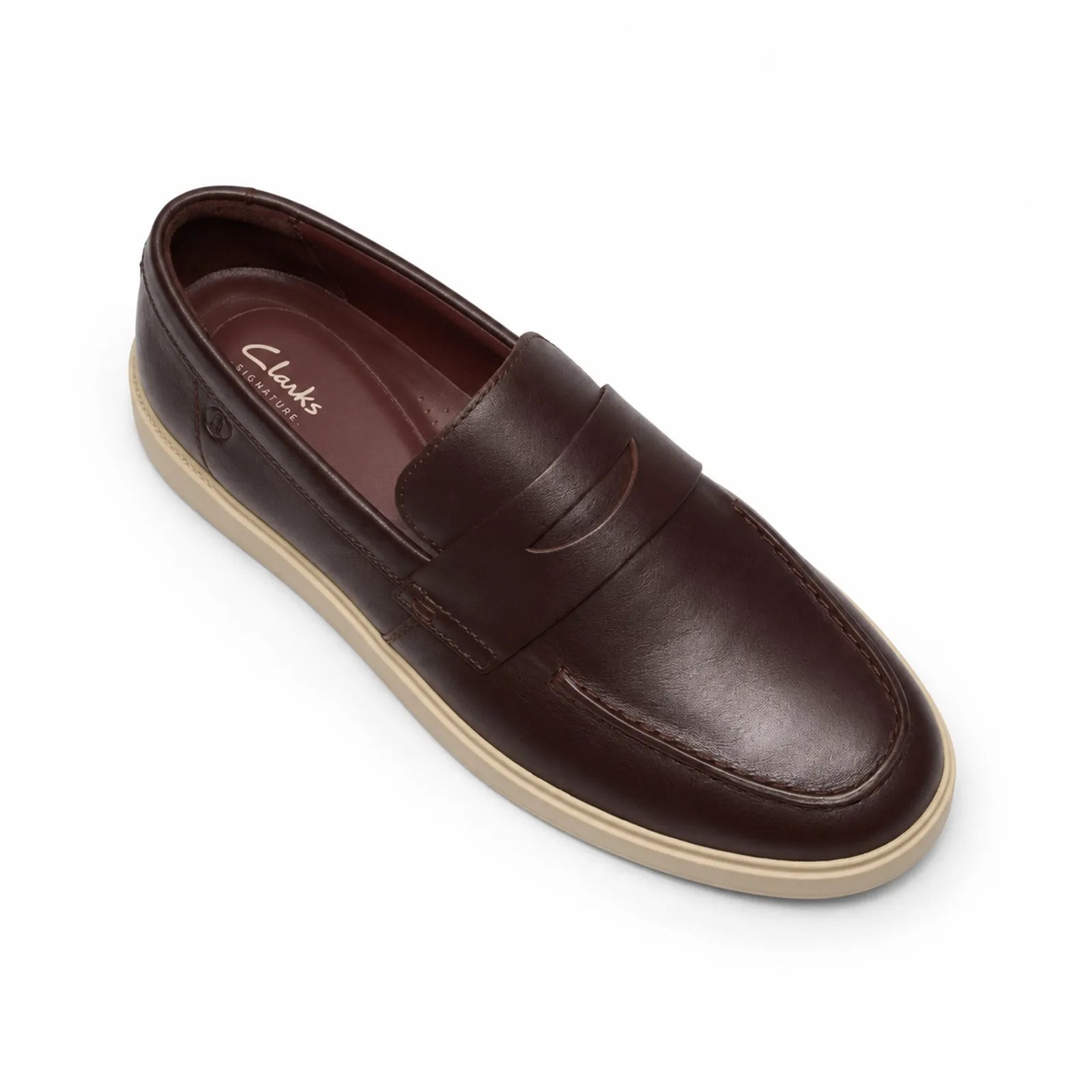 Side view of Clarks Lockford Easy men's brown leather loafers with rubber sole