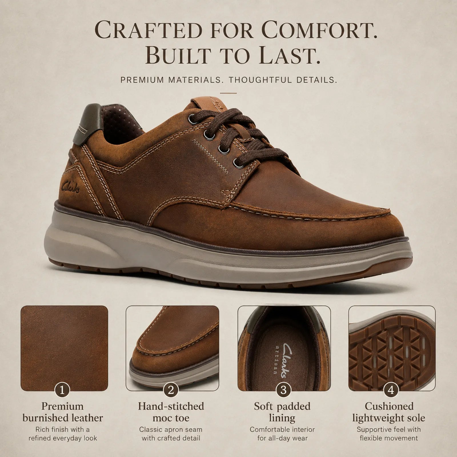 Clarks Mullan Moc men's leather shoes with supportive comfort sole