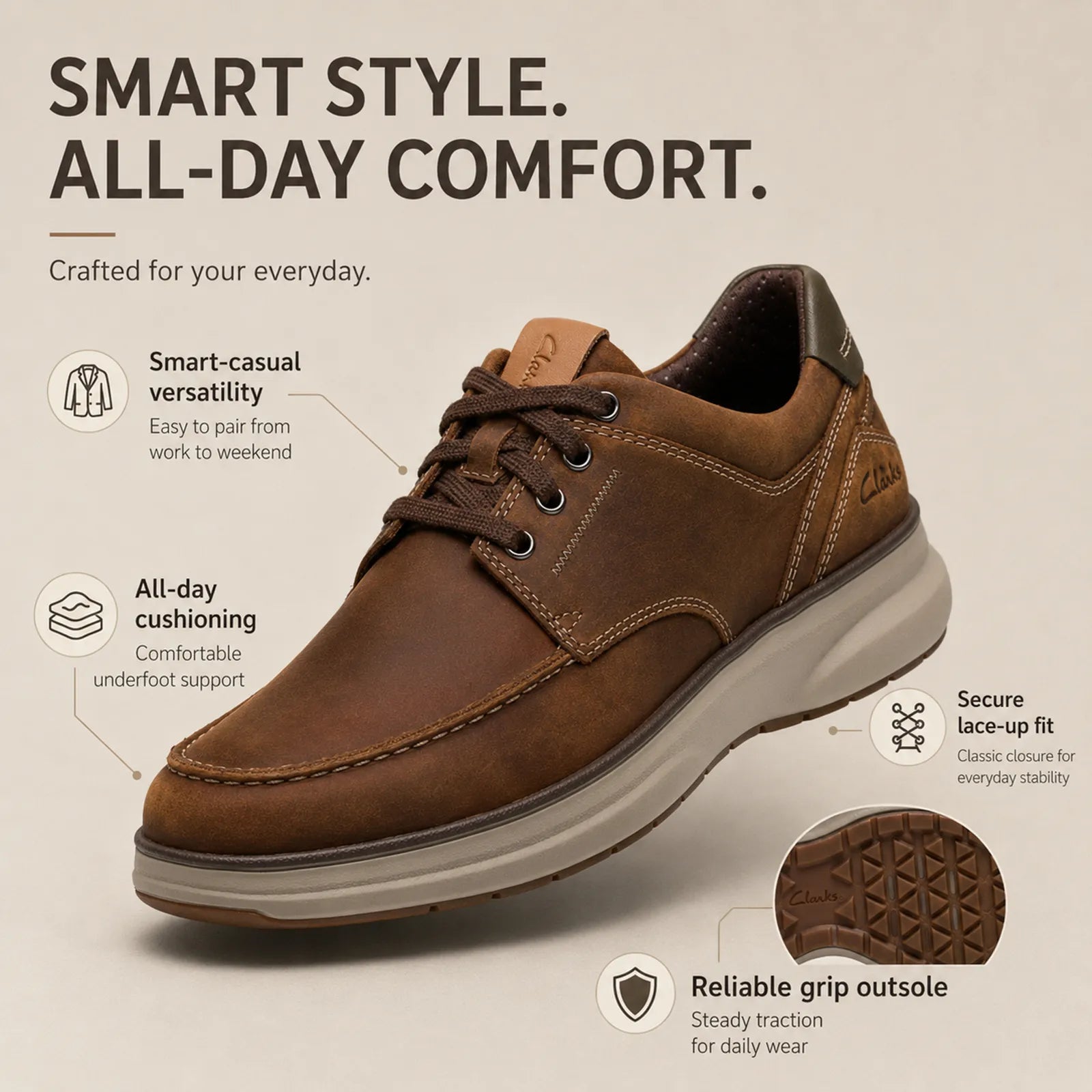 Clarks Mullan Moc brown leather upper with classic moc-toe stitching