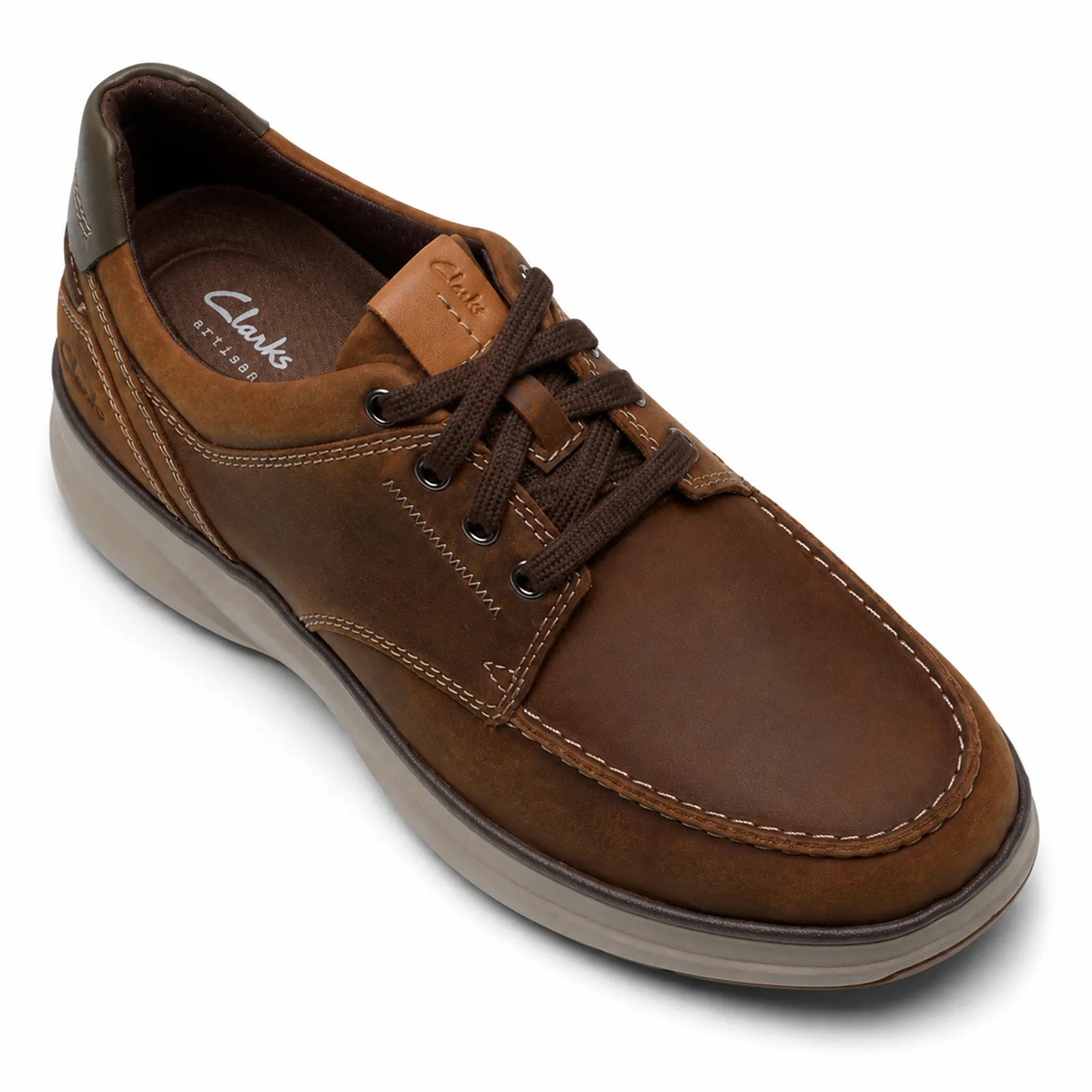 Side view of Clarks Mullan Moc men's brown leather lace-up shoes