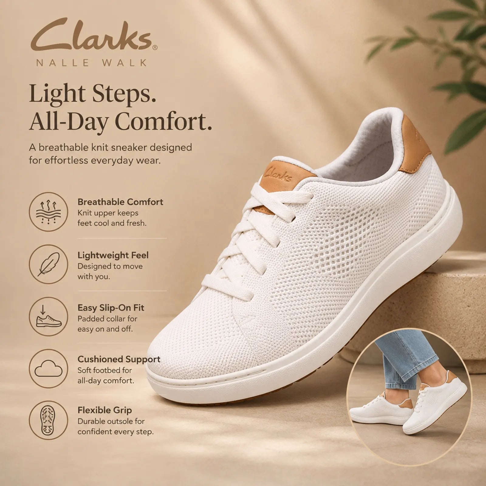 Clarks Nalle Walk sneakers featuring Contour Cushion footbed and breathable knit upper