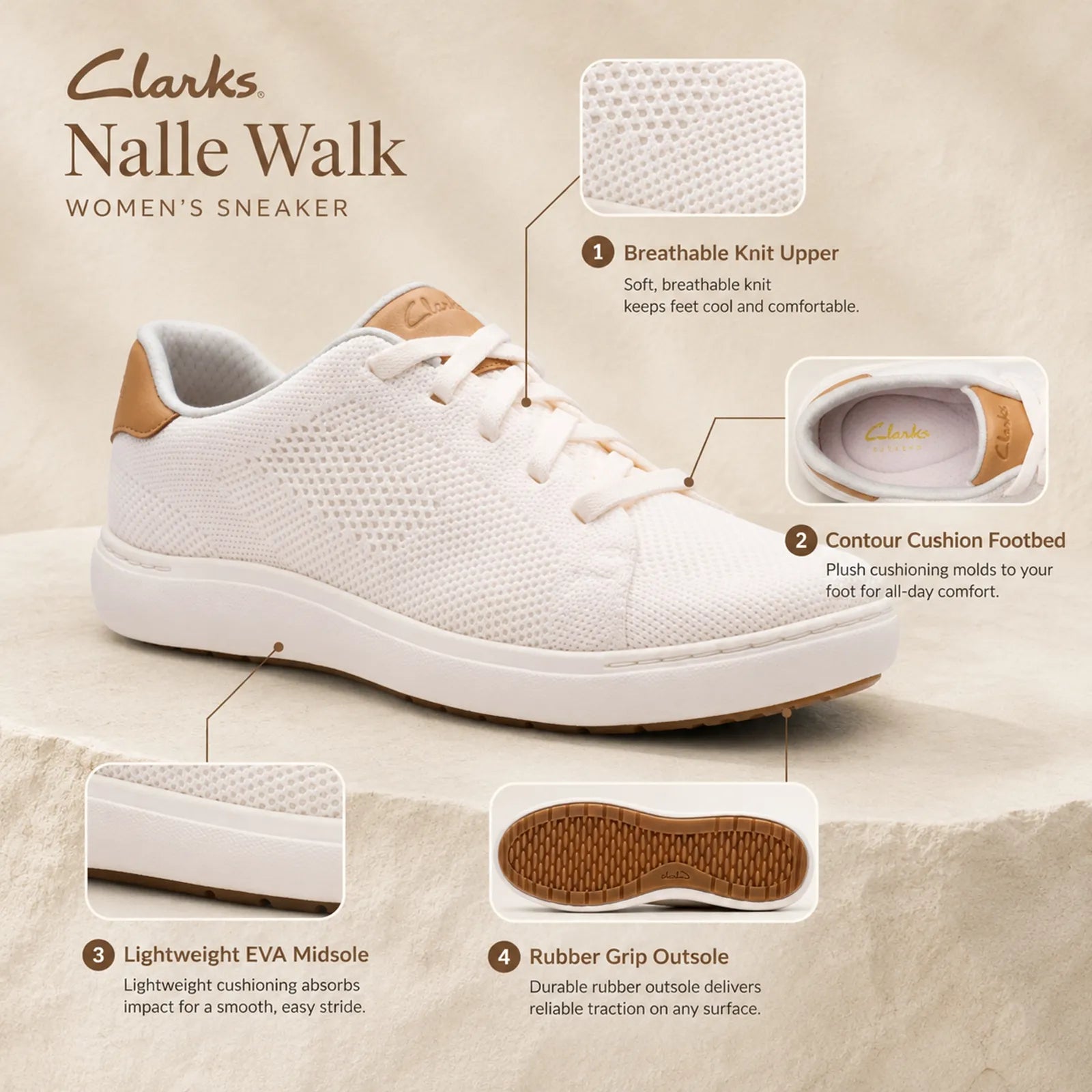 Close-up detail of Clarks Nalle Walk white engineered knit upper and elastic lace system