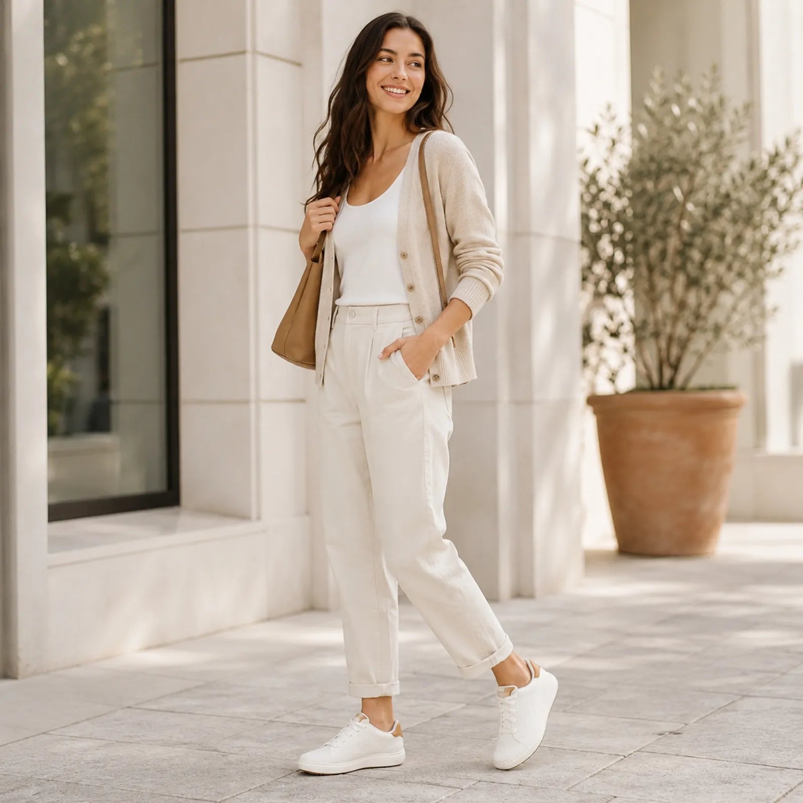 Woman wearing Clarks Nalle Walk white knit sneakers for casual walking and travel