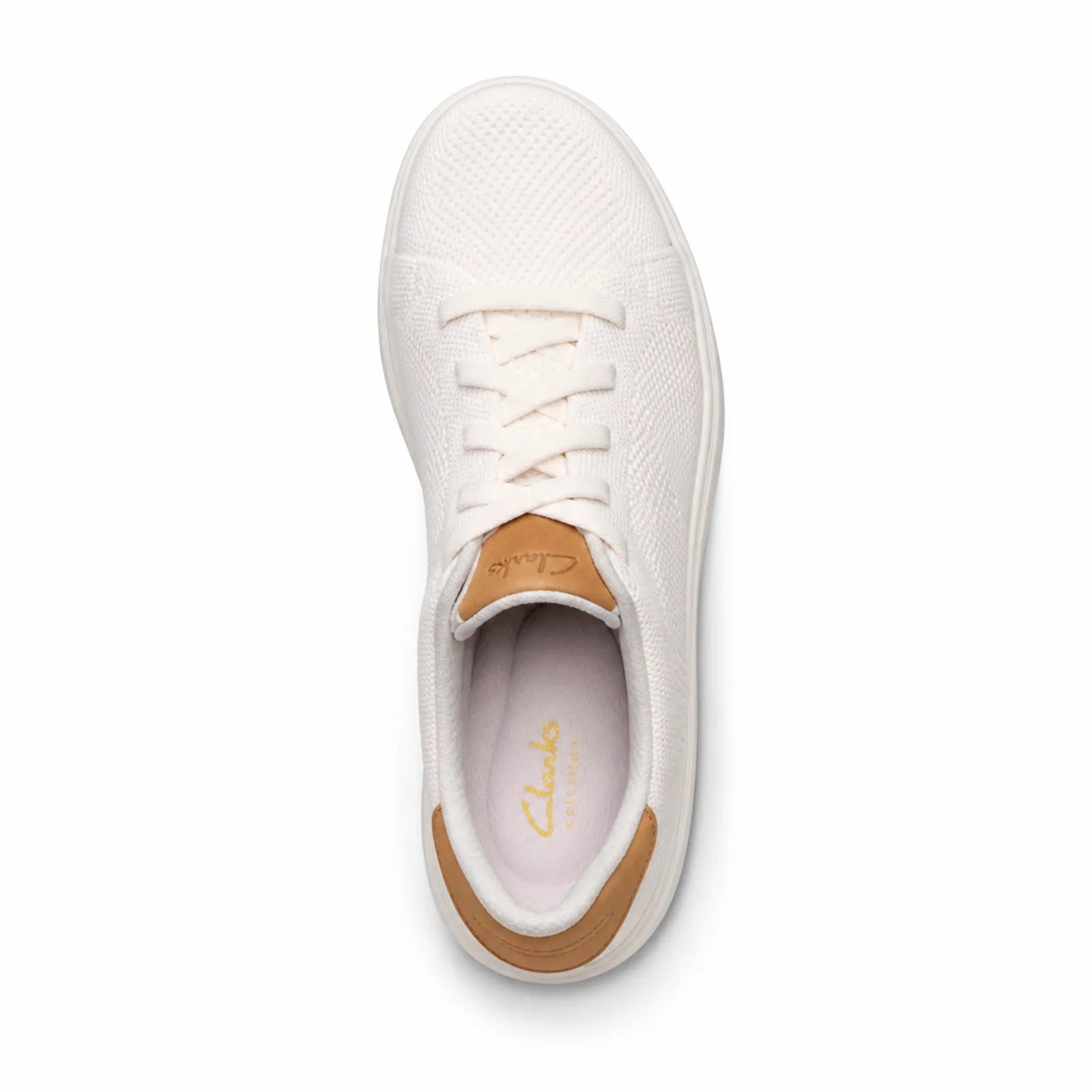Side view of Clarks Nalle Walk women's white knit sneakers with lightweight EVA sole
