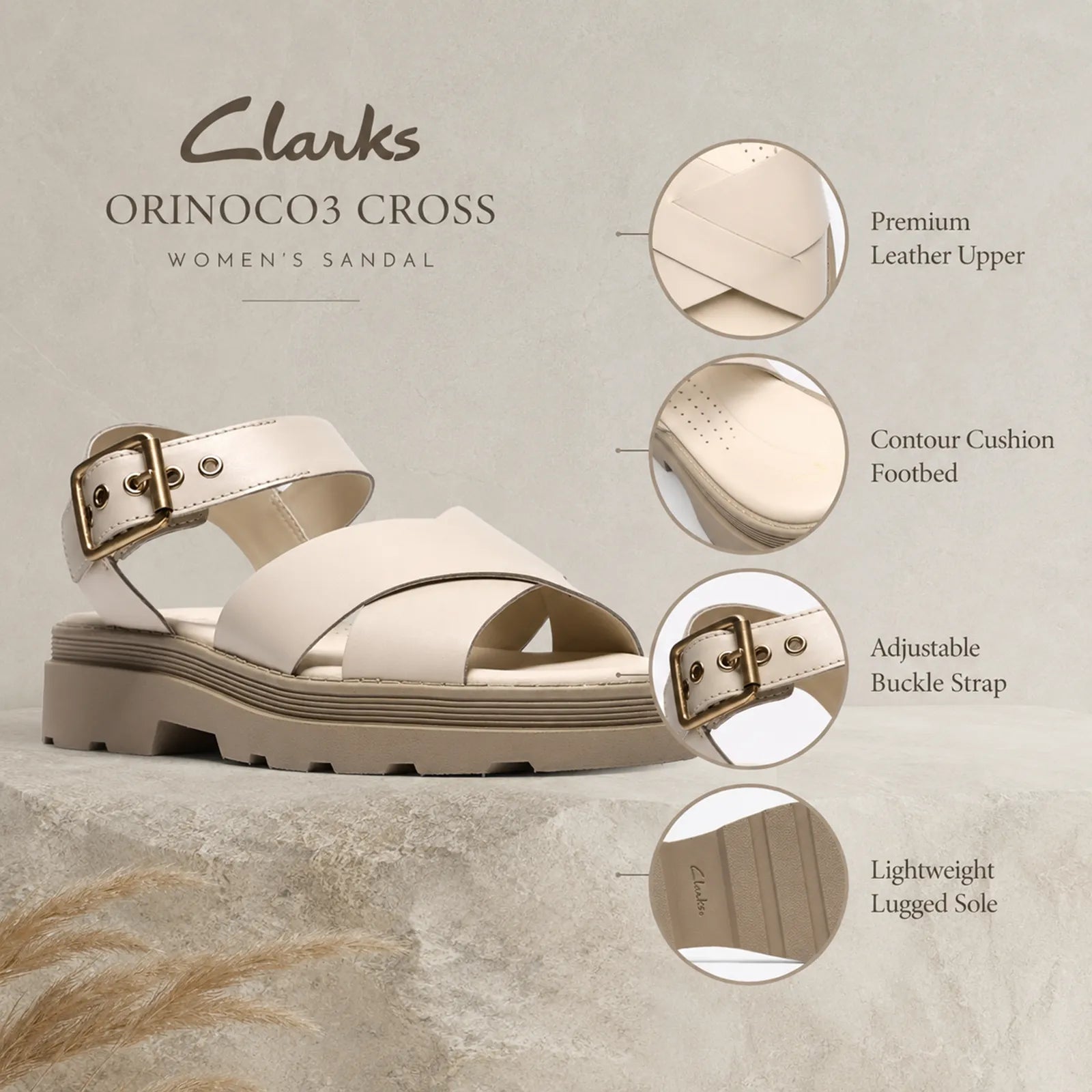 Close-up detail of Clarks Orinoco3 Cross cream leather straps with buckle hardware
