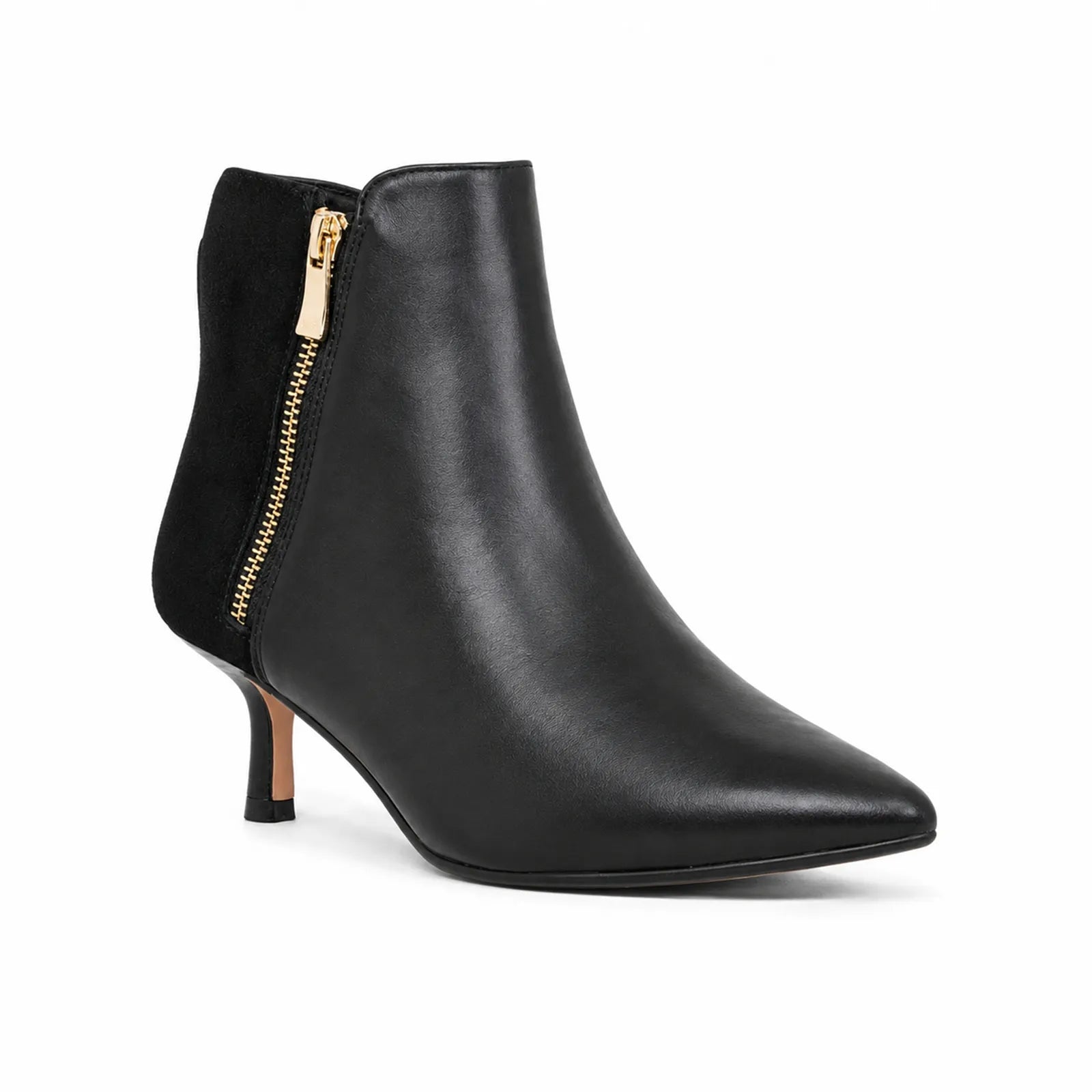 Black ankle boots with side zip, gold zipper pull, and stiletto heel
