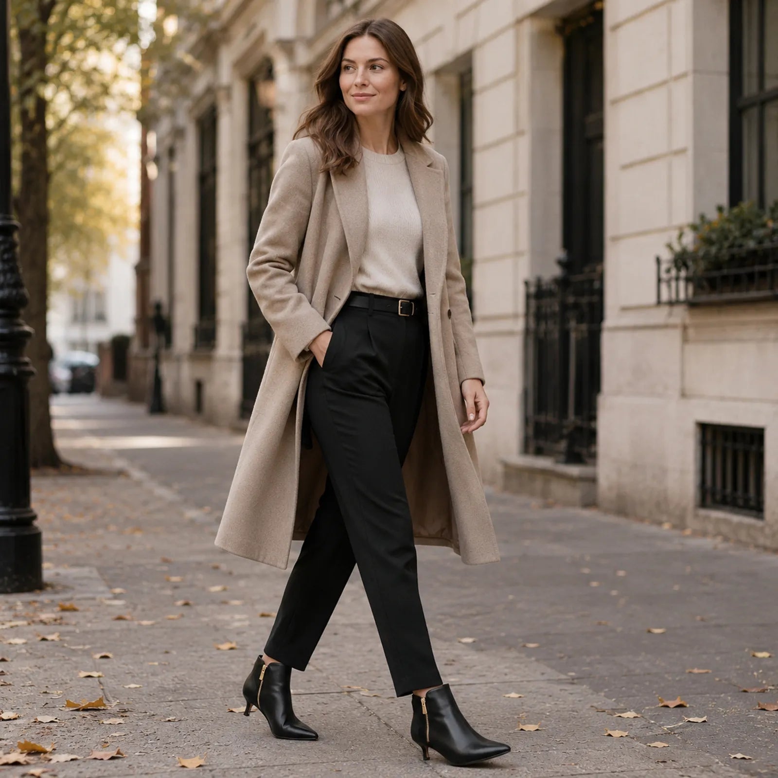 Black side-zip ankle boots with stiletto heel on a walking model
