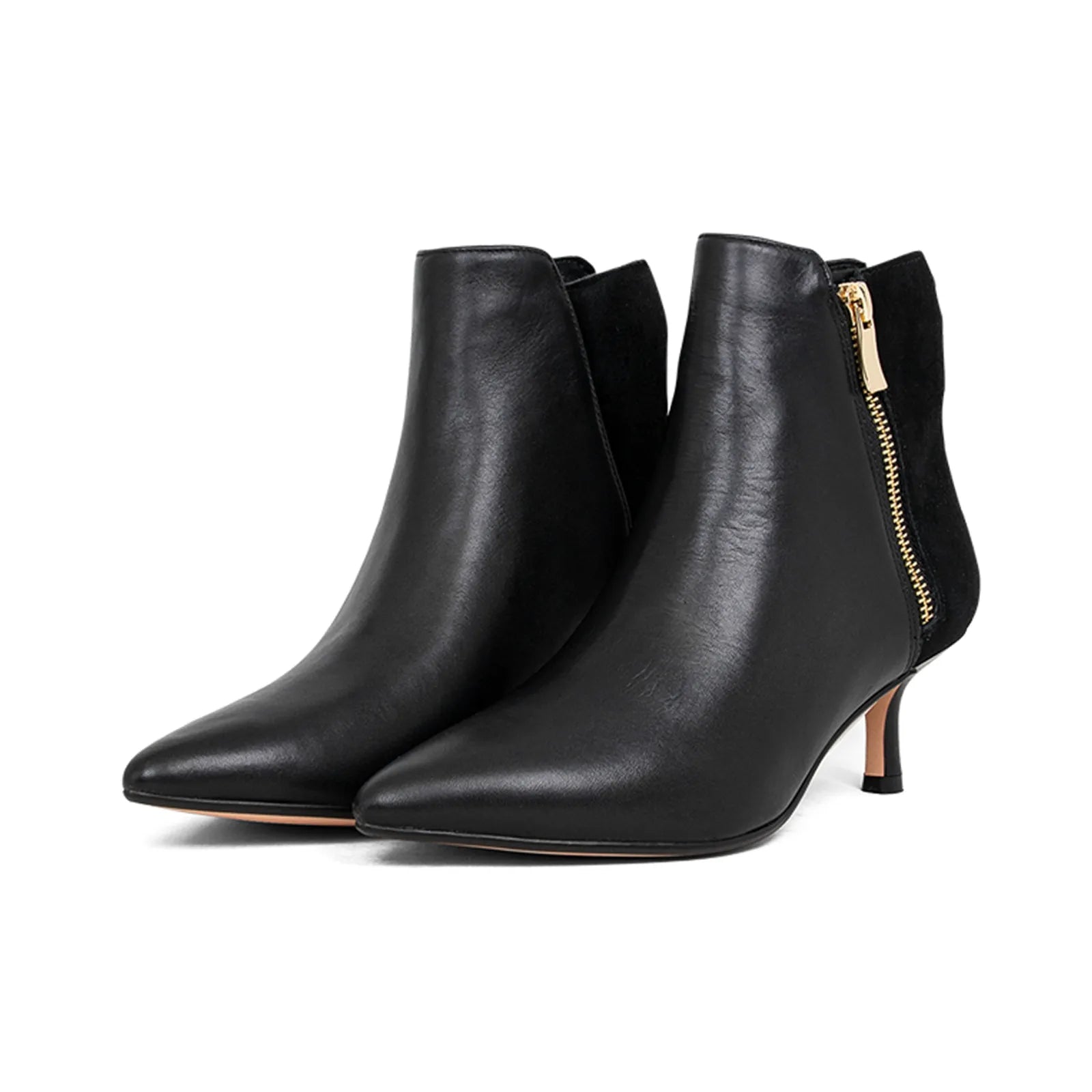 Black leather ankle boots with side zip, pointed toe, and stiletto heel