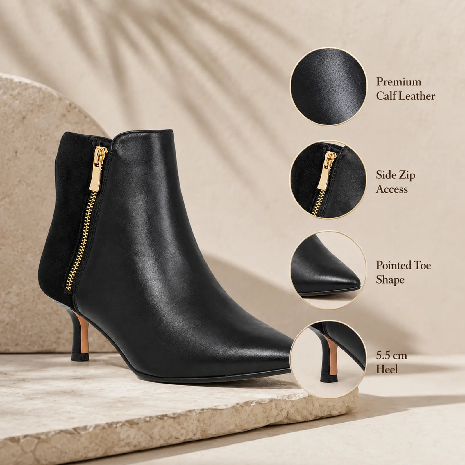 Black calf-leather side-zip ankle boots with pointed toe and 5.5cm heel