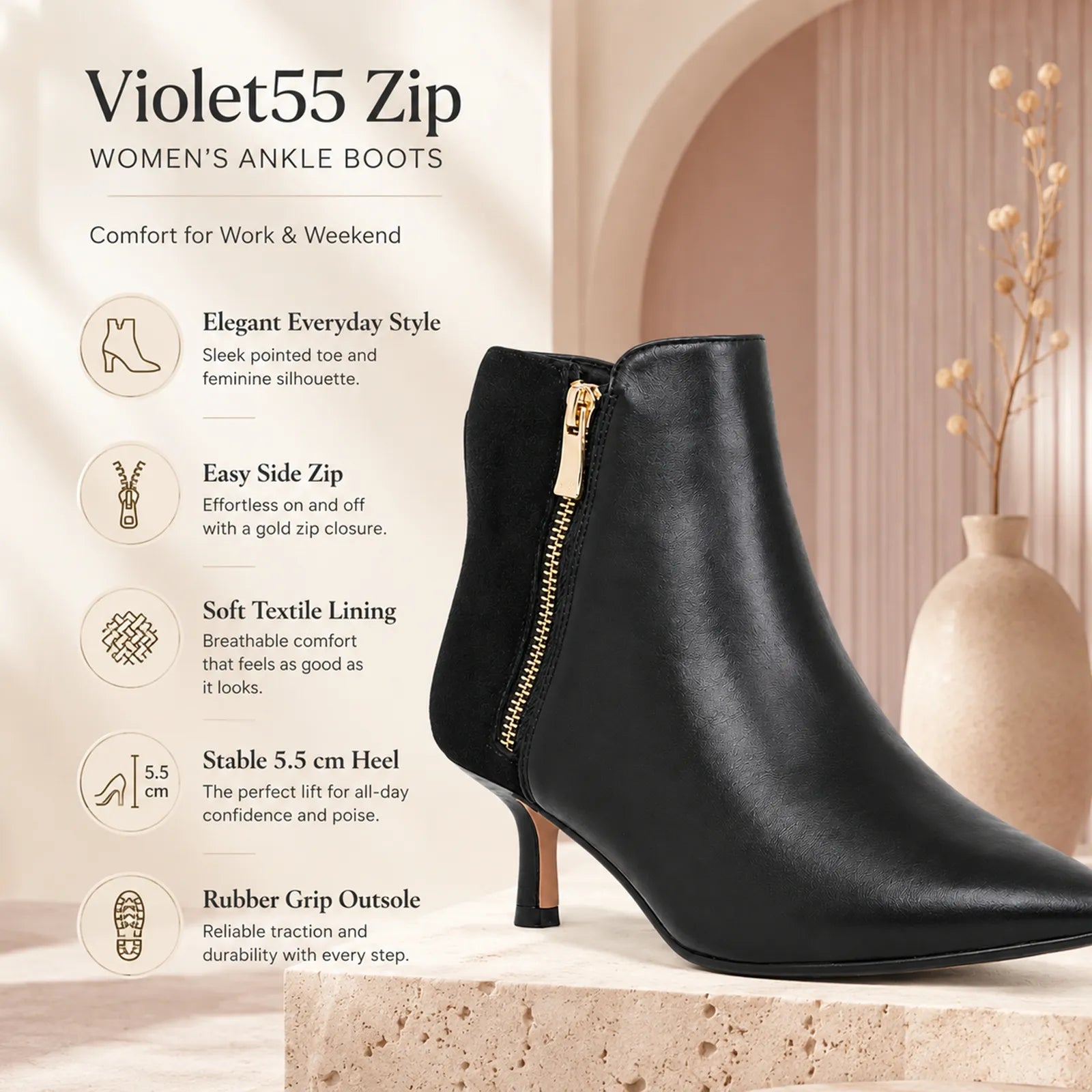 Black ankle zip womens boots with slim stiletto heel