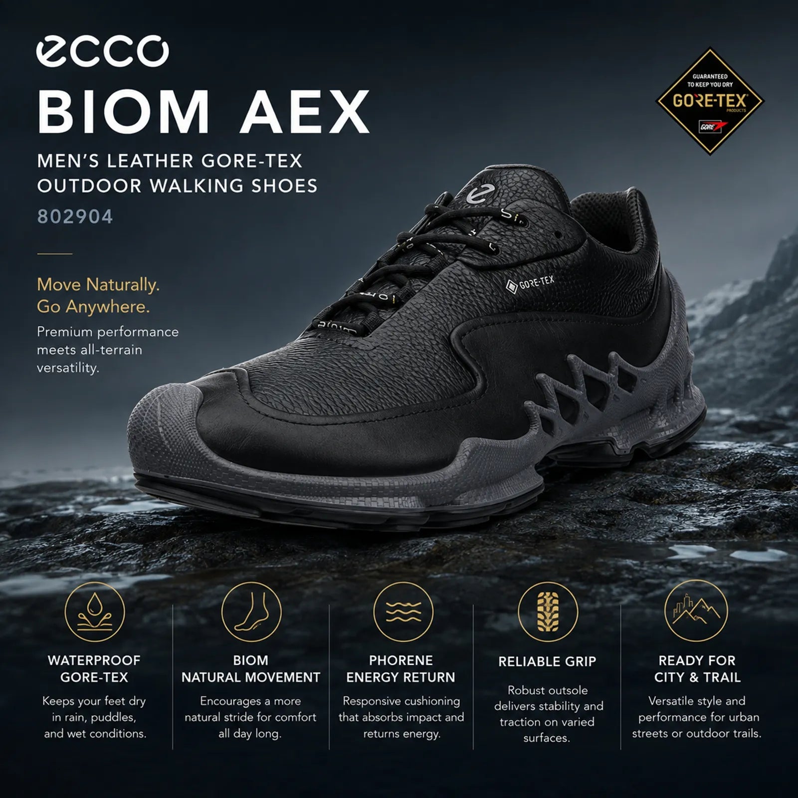 ECCO Biom Aex black sneakers featuring GORE-TEX waterproof protection and BIOM technology