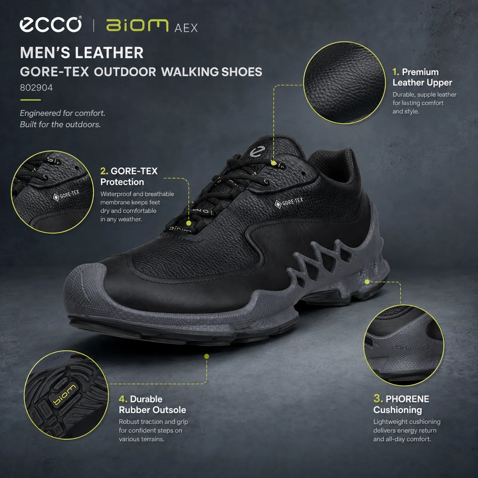 Close-up detail of ECCO Biom Aex black leather upper and premium outdoor sneaker design