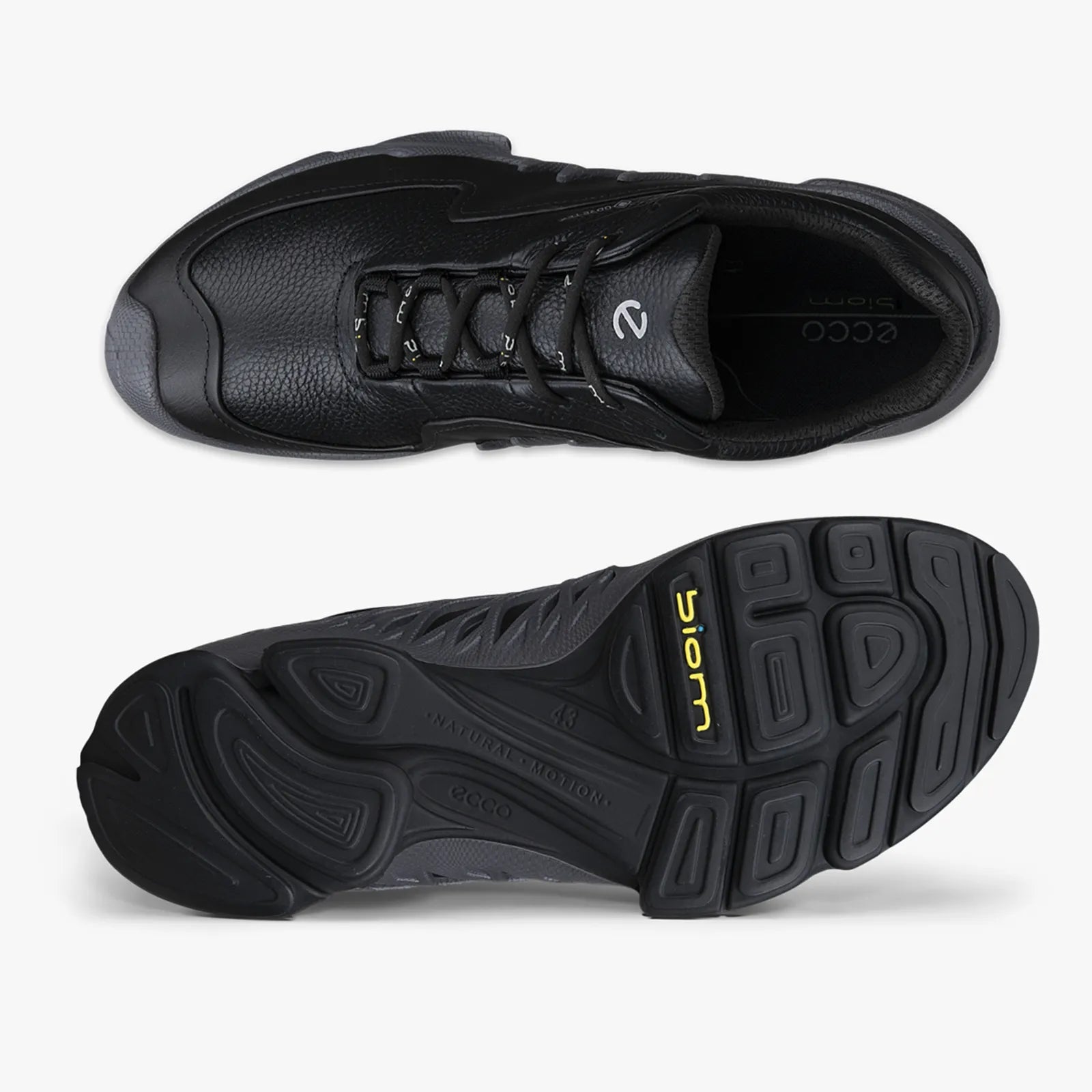 Side view of ECCO Biom Aex men's black leather sneakers with durable rubber outsole