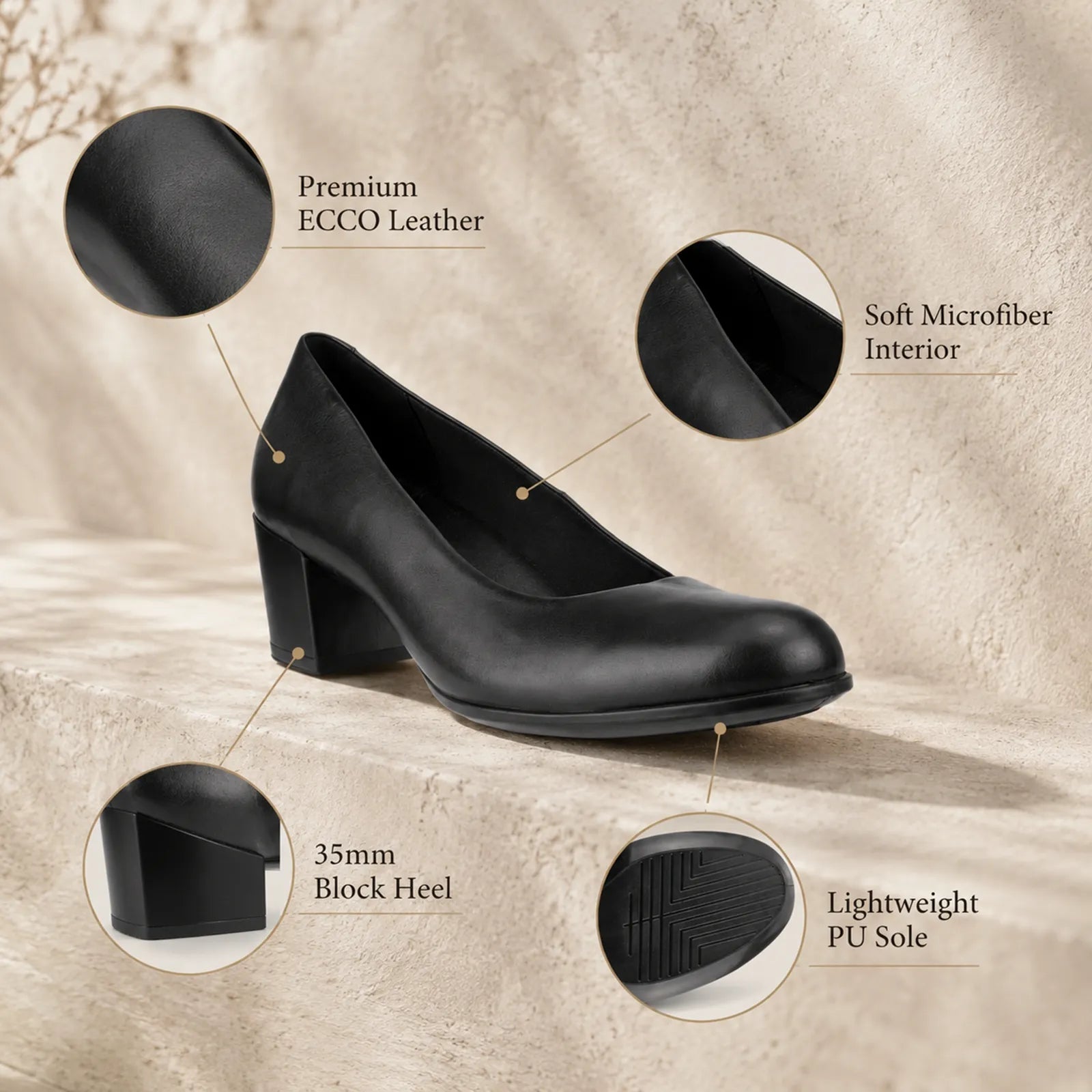Close-up detail of ECCO Dress Classic 35 black leather upper and minimalist pump design