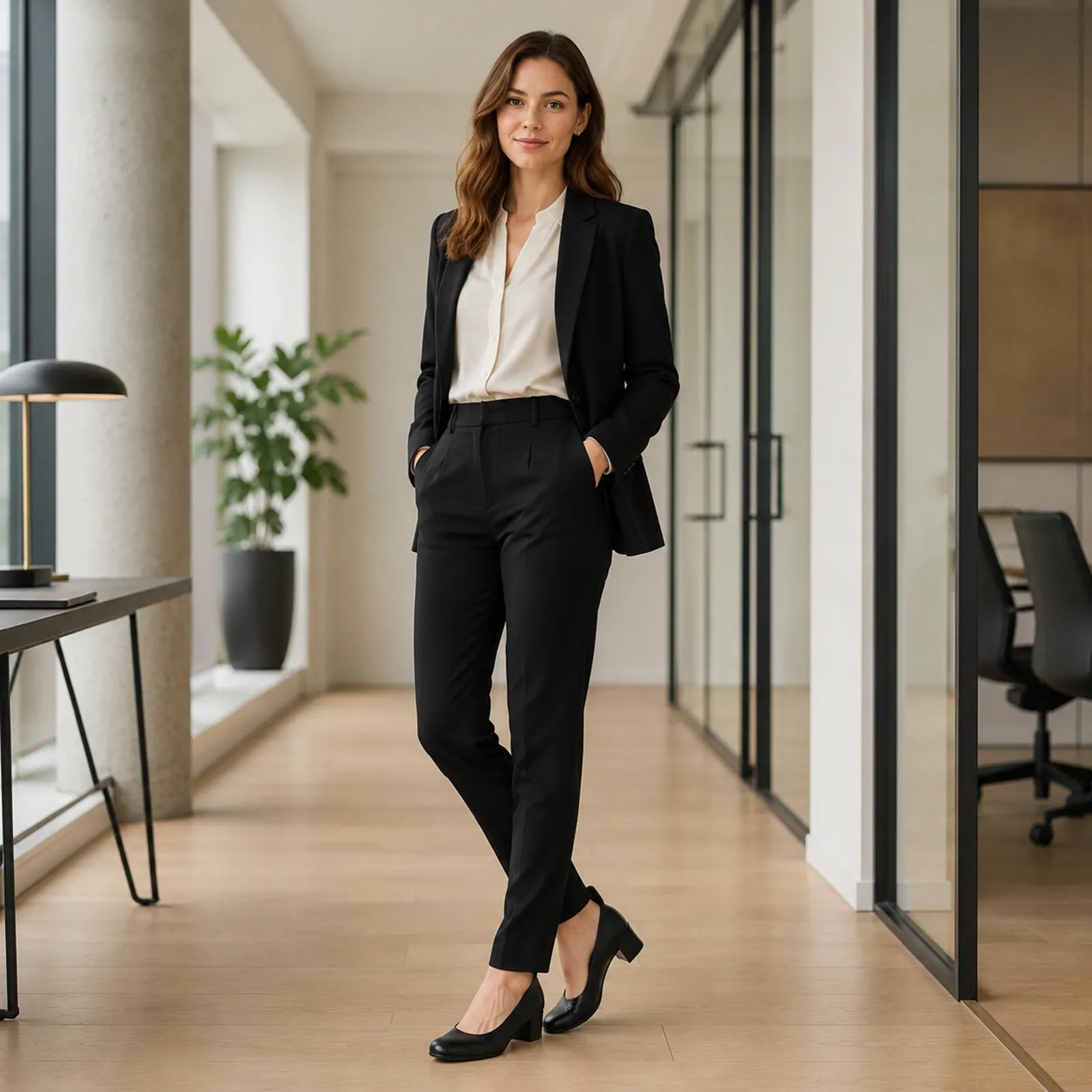 Woman wearing ECCO Dress Classic 35 black leather pumps with professional outfit