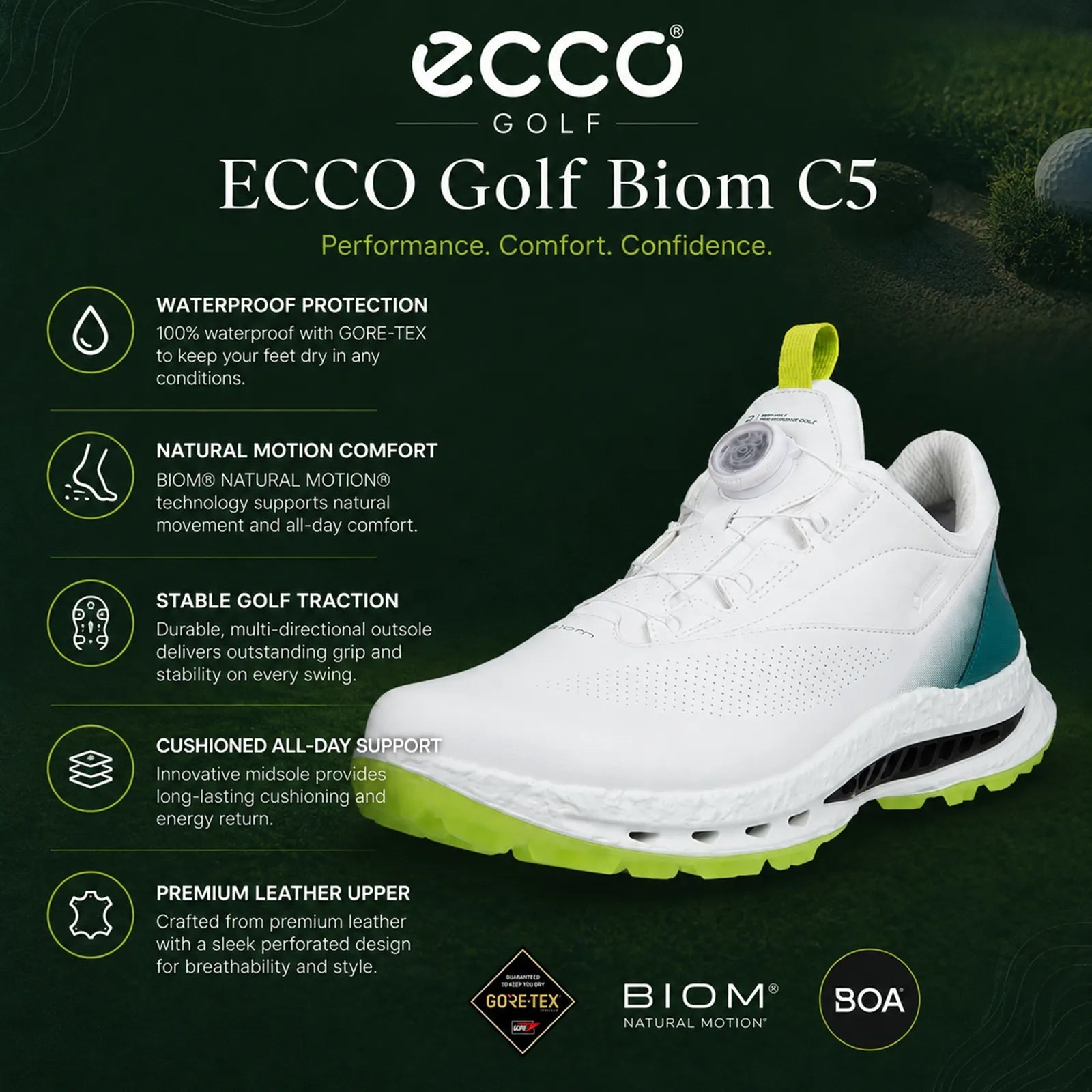ECCO Golf Biom C5 white/Bay Green golf shoes featuring GORE-TEX waterproof technology and performance comfort