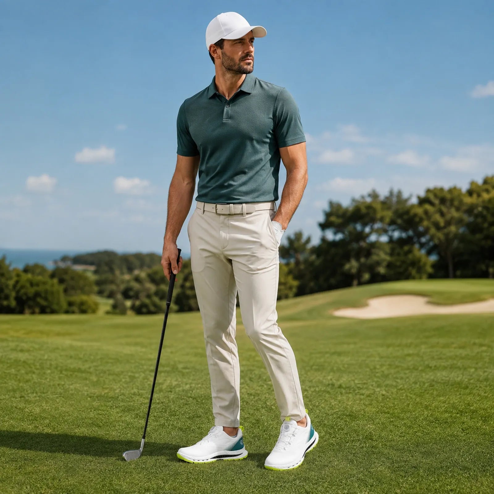Man wearing ECCO Golf Biom C5 white/Bay Green golf shoes for golf and outdoor activities