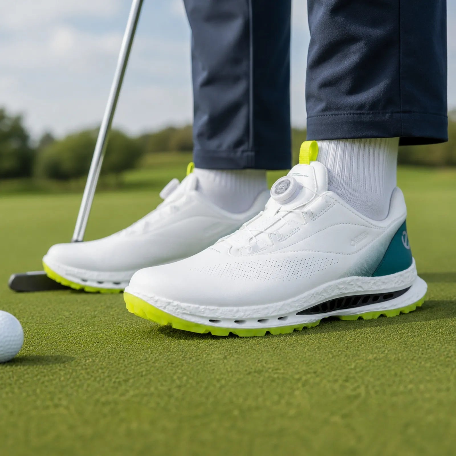 ECCO Golf Biom C5 white/Bay Green golf shoes shown on foot for comfortable walking performance