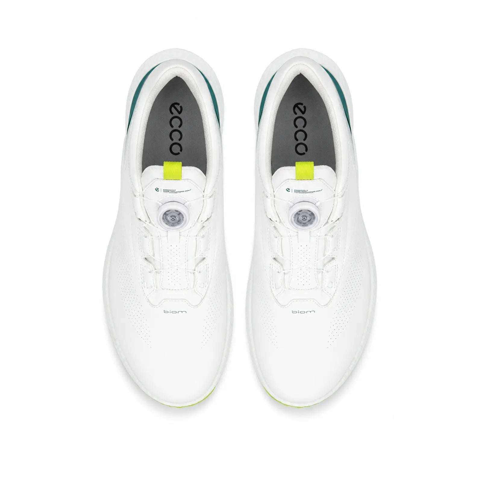 Side view of ECCO Golf Biom C5 men's white/Bay Green leather golf shoes with durable traction outsole