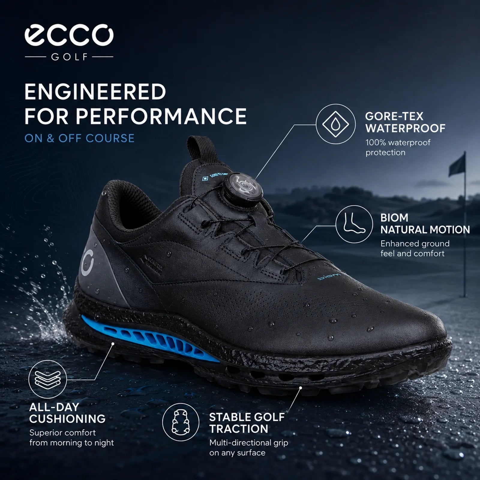 ECCO Golf Biom C5 black golf shoes featuring GORE-TEX waterproof technology and comfort support