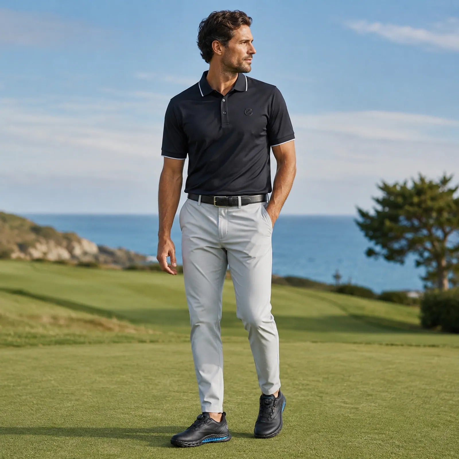 Man wearing ECCO Golf Biom C5 black golf shoes for outdoor activities and golf