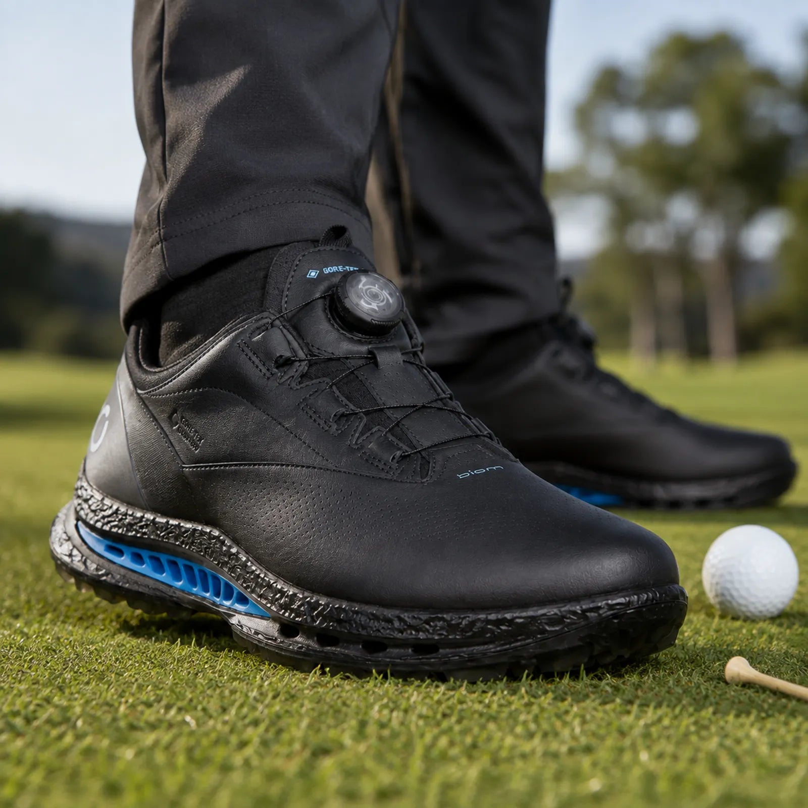 ECCO Golf Biom C5 black golf shoes shown on foot for comfortable walking performance