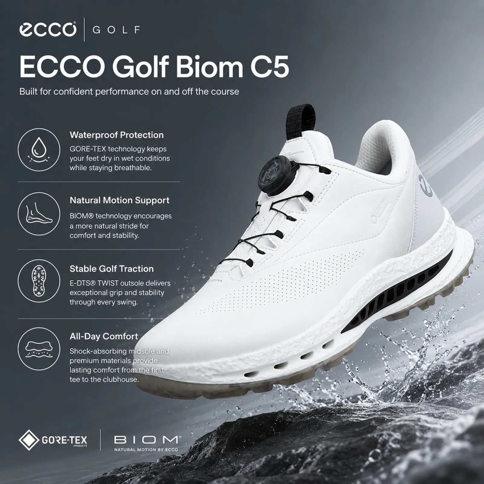 ECCO Golf Biom C5 white golf shoes featuring GORE-TEX waterproof technology and performance comfort