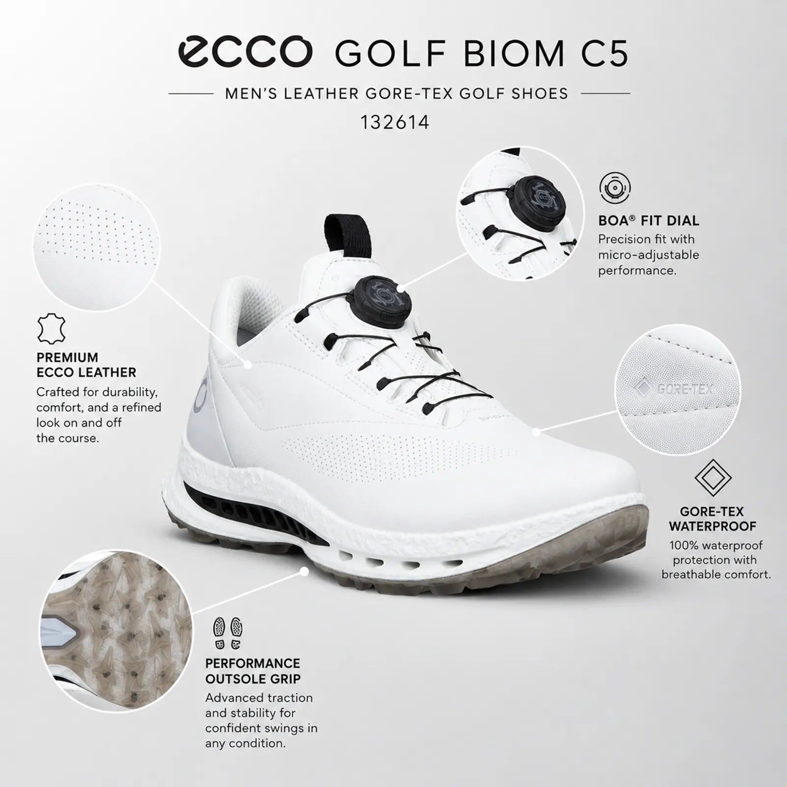 Close-up detail of ECCO Golf Biom C5 white leather upper and premium golf shoe craftsmanship