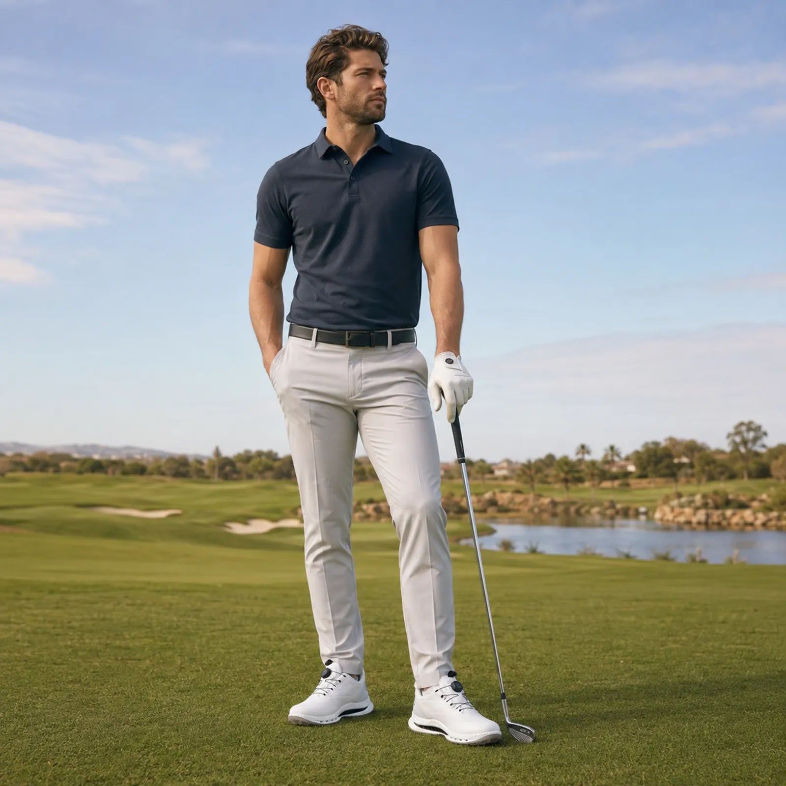 Man wearing ECCO Golf Biom C5 white golf shoes for golf and outdoor activities