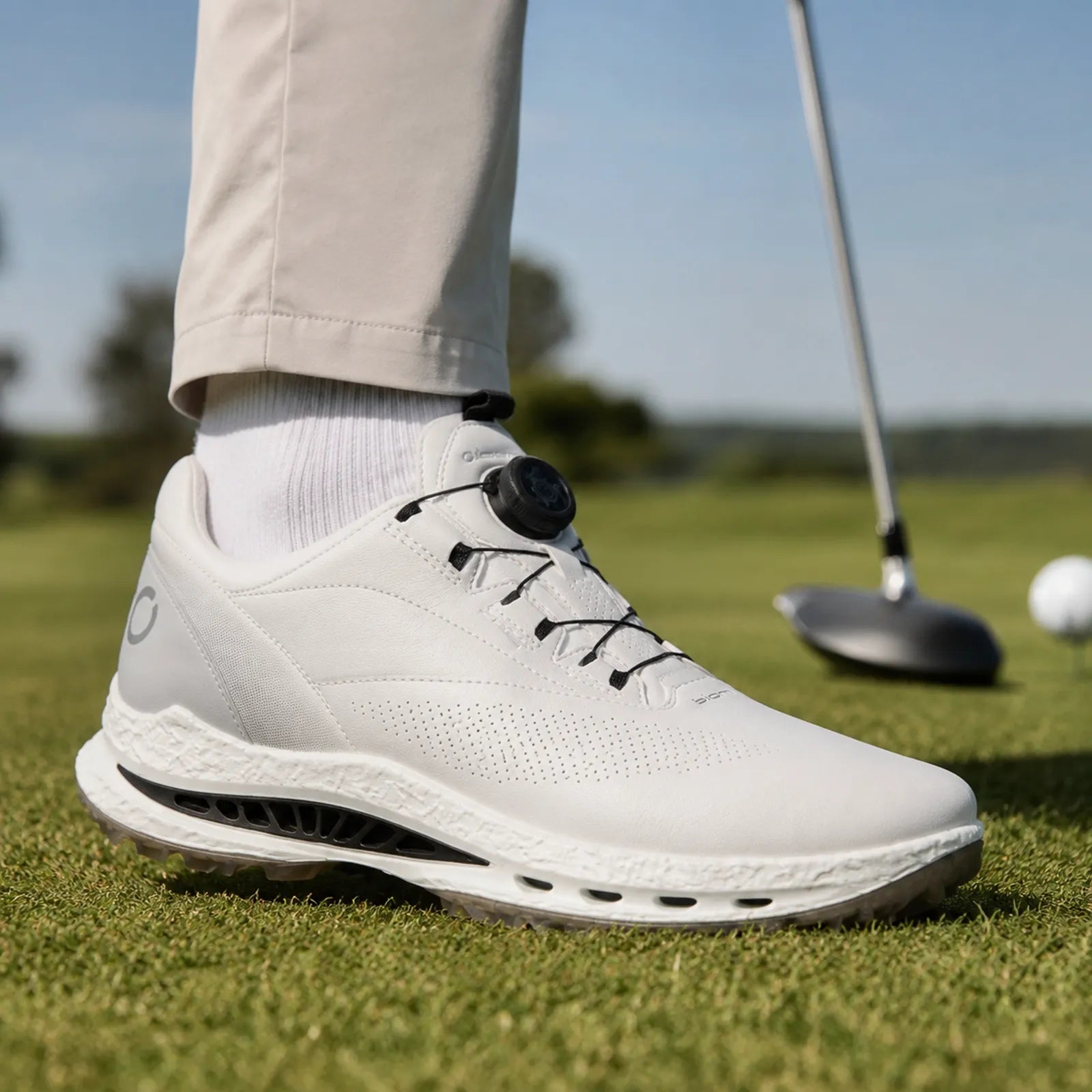 ECCO Golf Biom C5 white golf shoes shown on foot for comfortable walking performance
