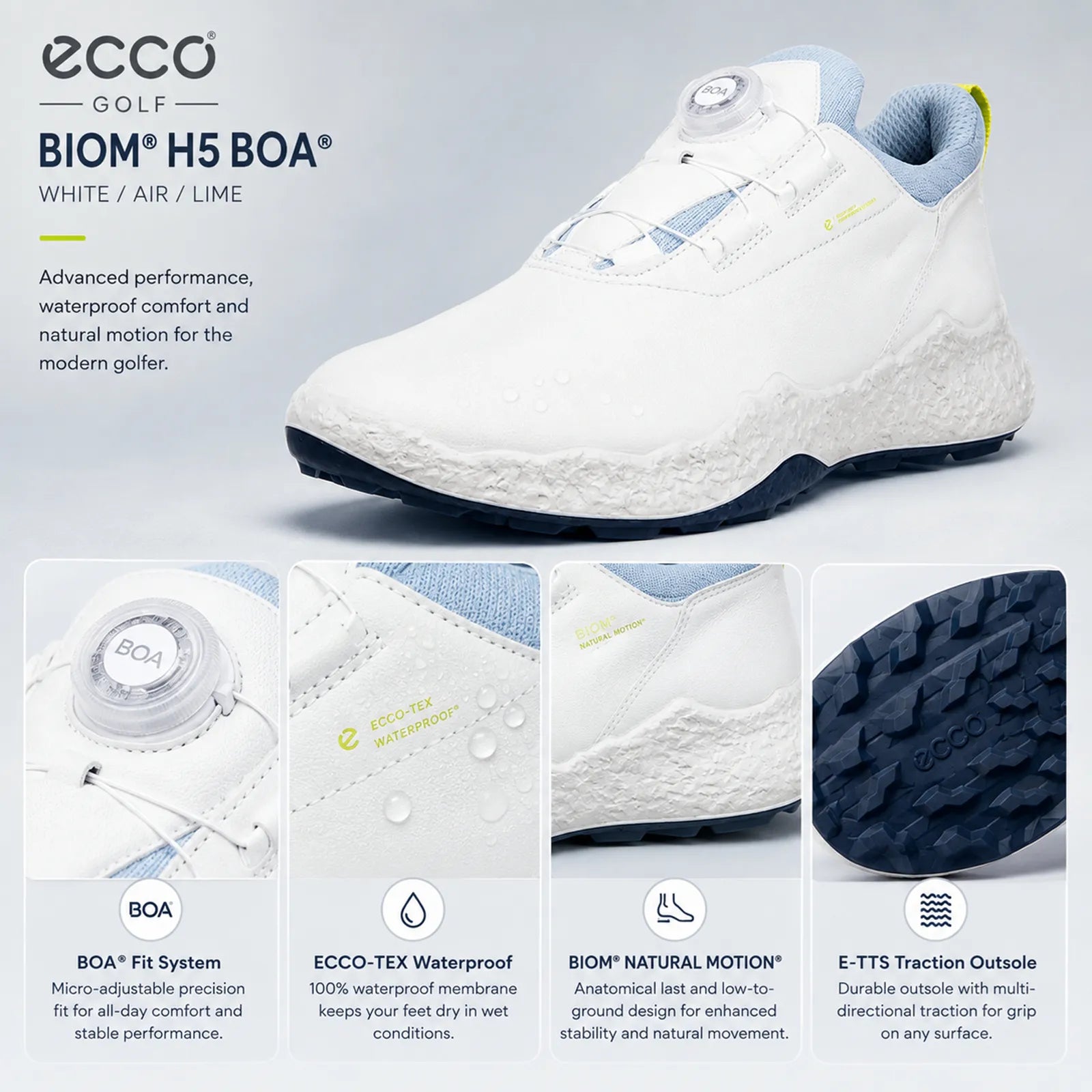ECCO M Golf BIOM H5 BOA white golf shoes featuring waterproof ECCO-TEX technology