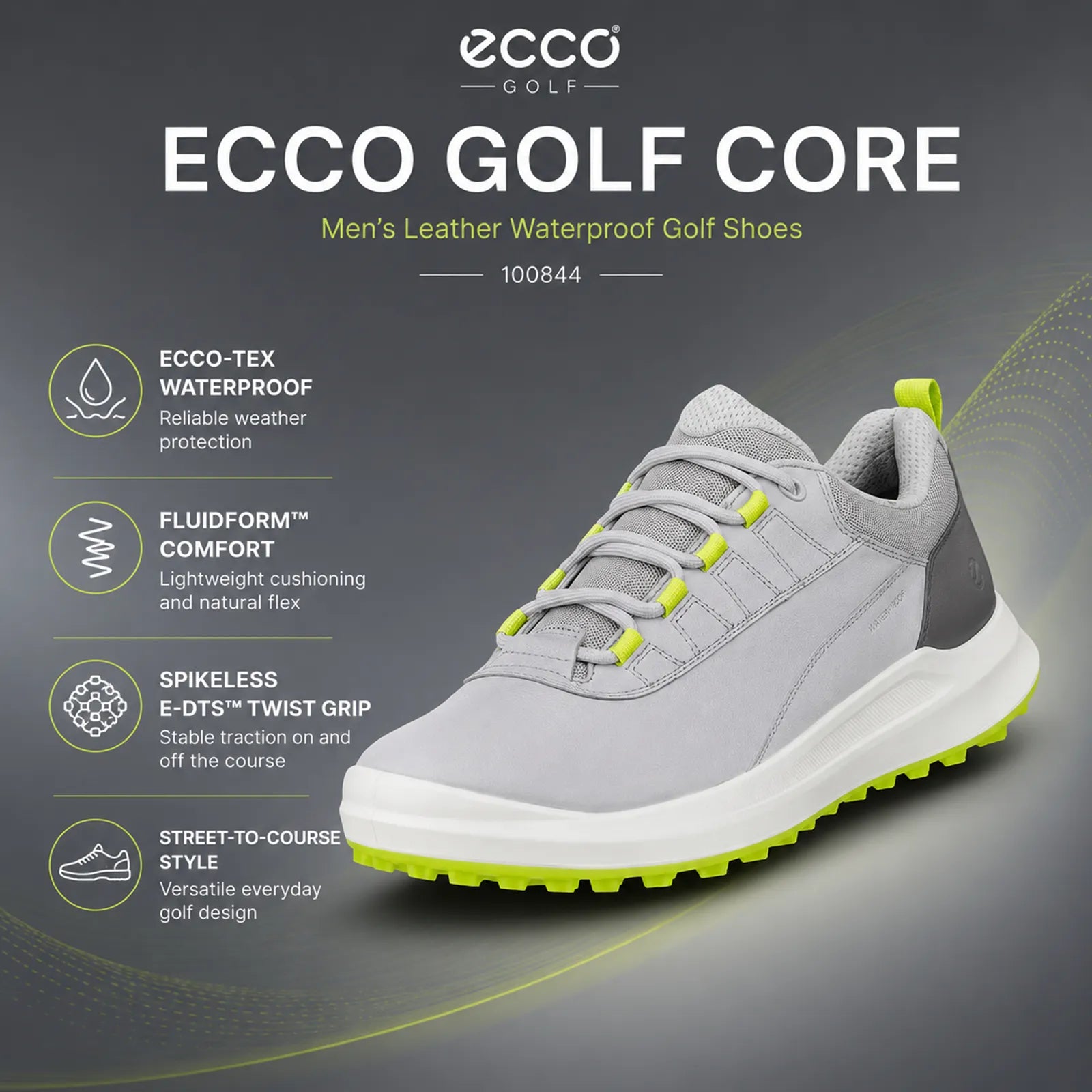 Close-up detail of ECCO Golf Core grey leather upper and traction outsole