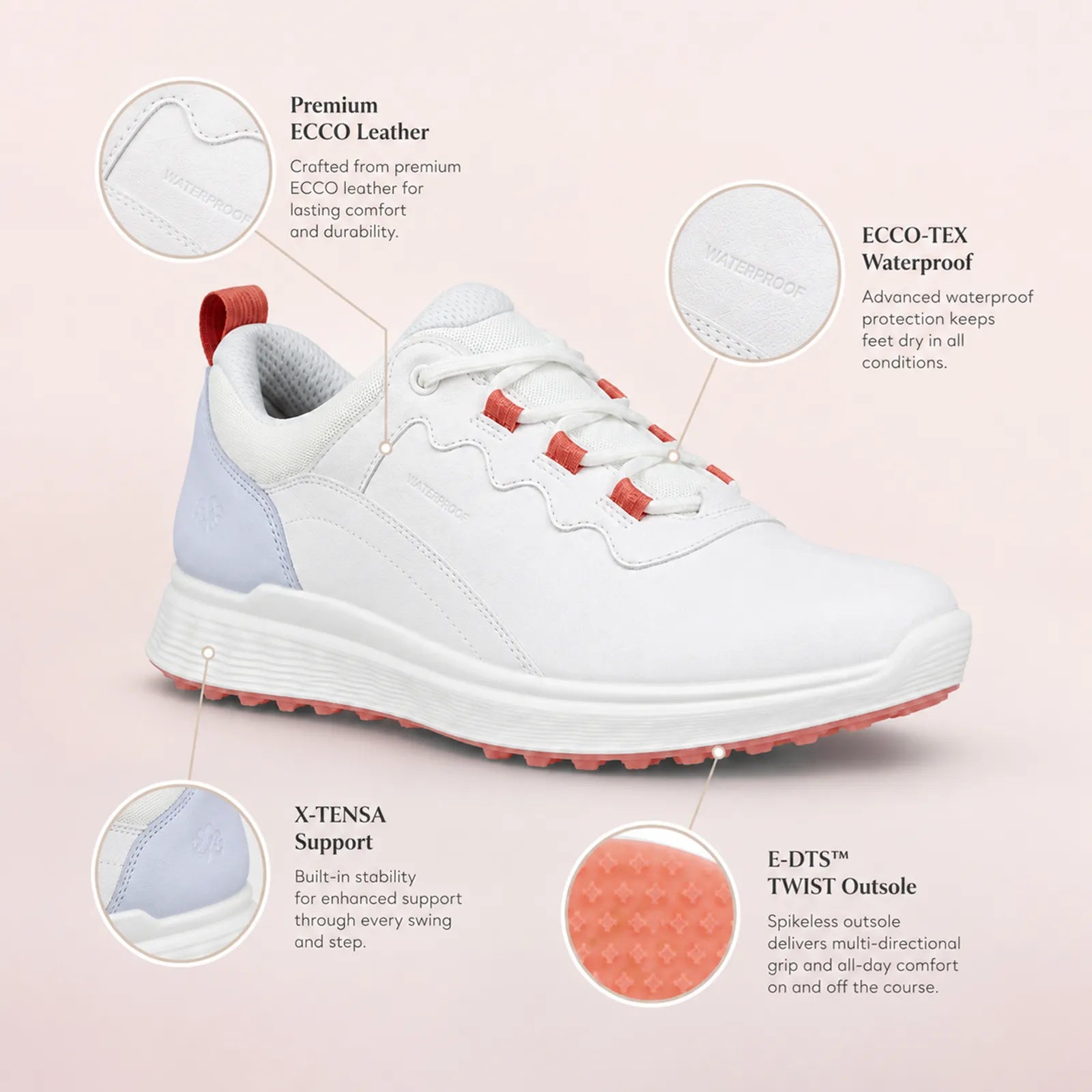 ECCO Golf S-Casual women's golf shoes featuring ECCO-TEX waterproof protection