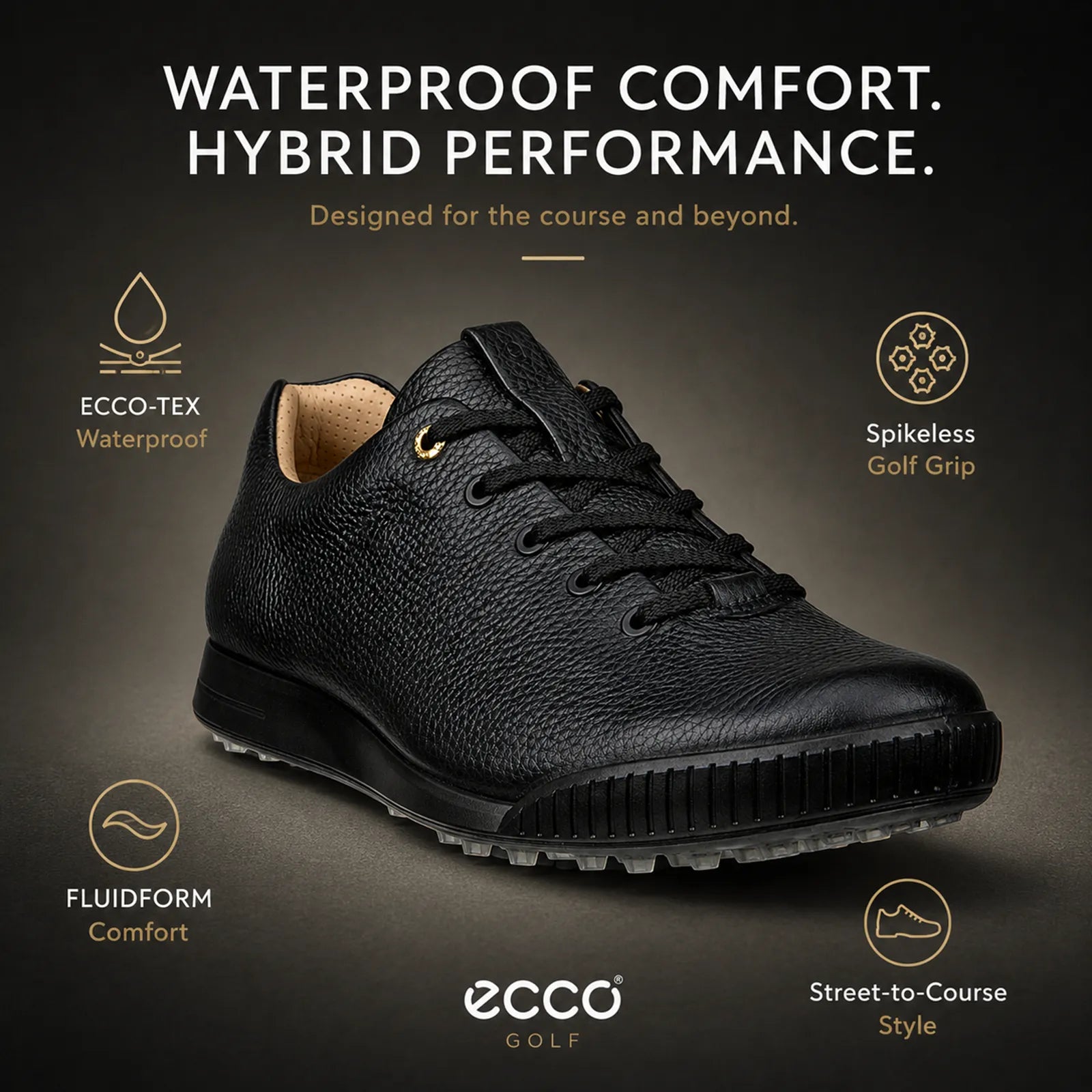 Close-up detail of ECCO Golf Street Retro Hybrid black leather upper