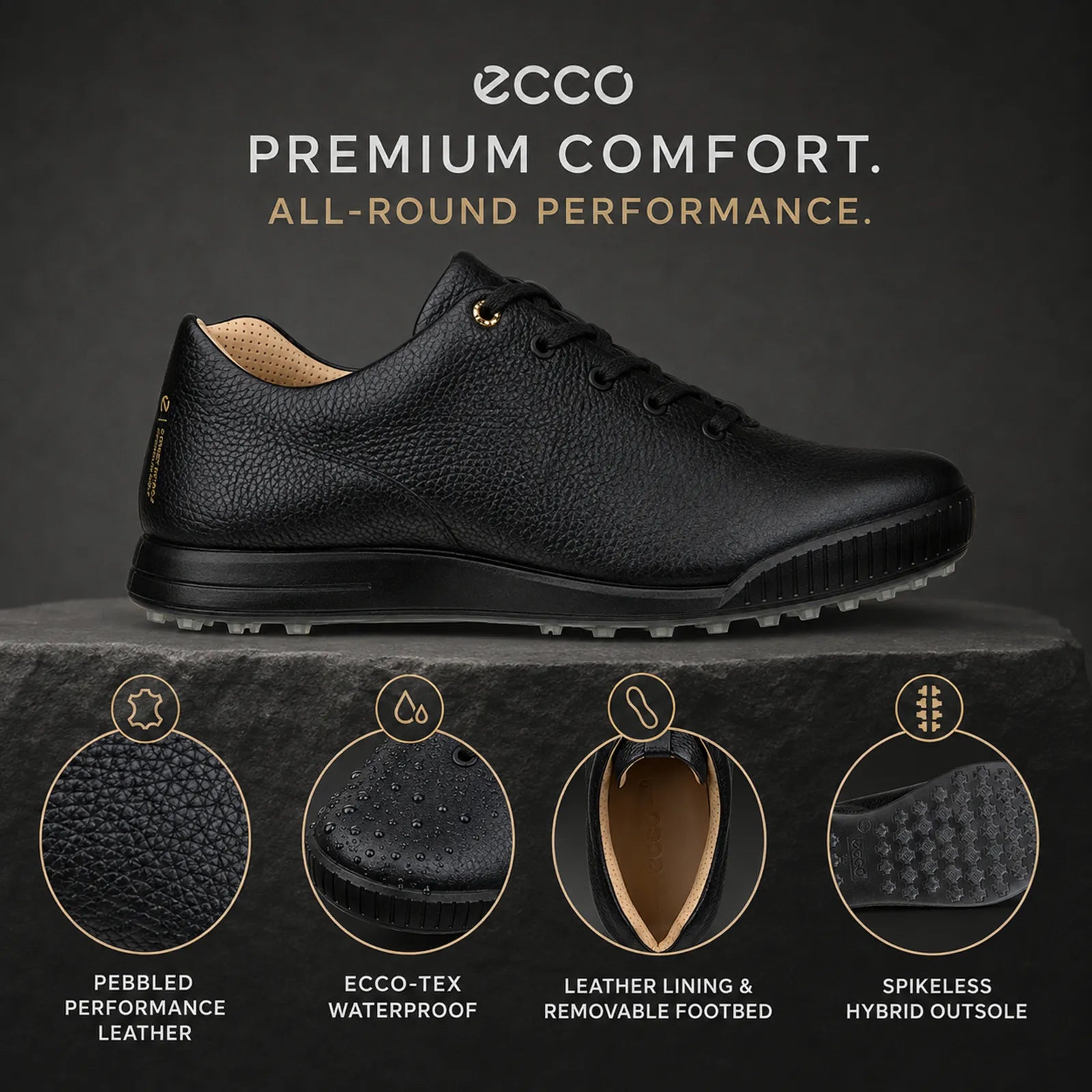 ECCO Golf Street Retro Hybrid black golf shoes featuring waterproof ECCO-TEX technology