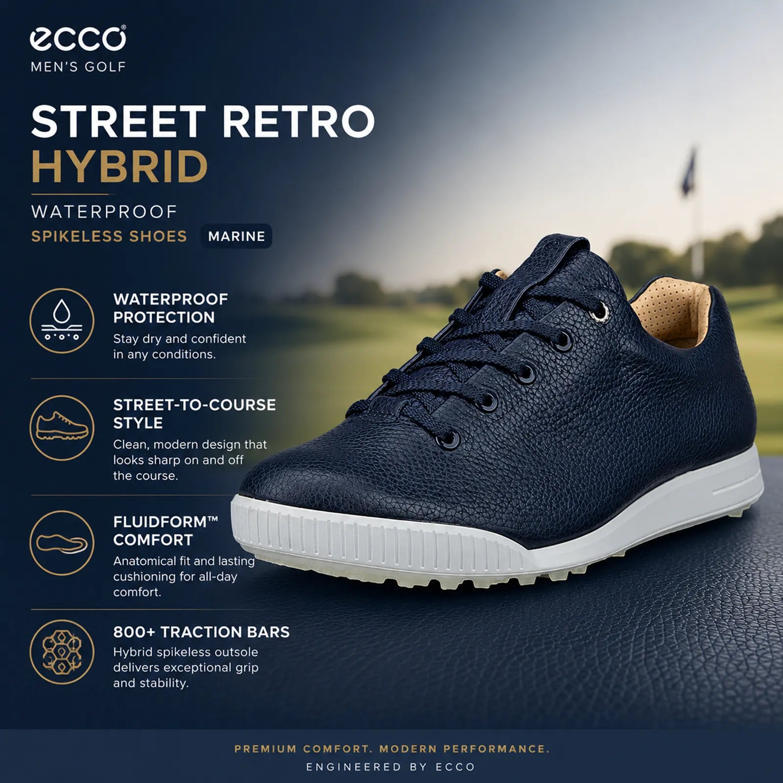 Close-up detail of ECCO Golf Street Retro Hybrid marine leather upper