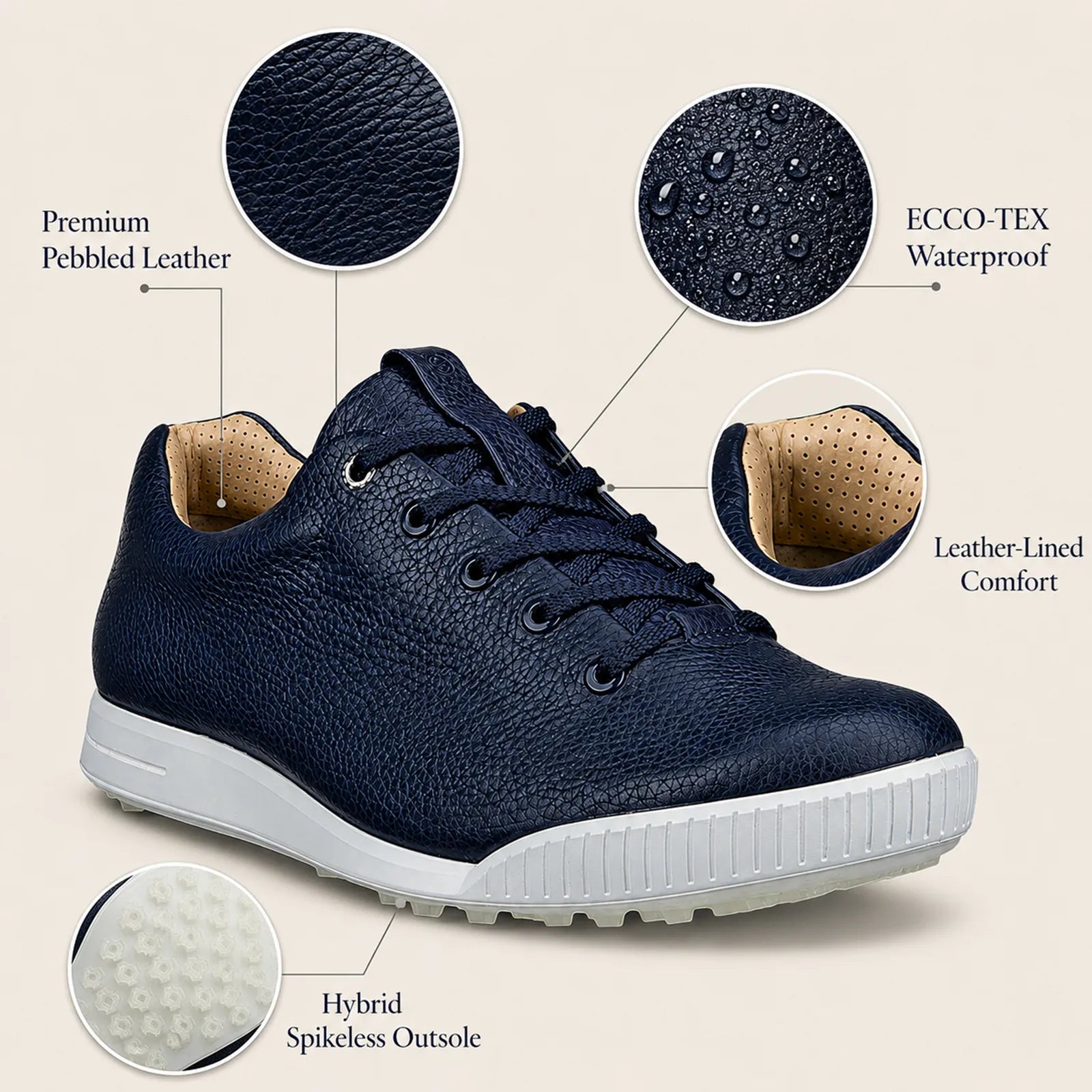 ECCO Golf Street Retro Hybrid marine golf shoes featuring ECCO-TEX waterproof technology
