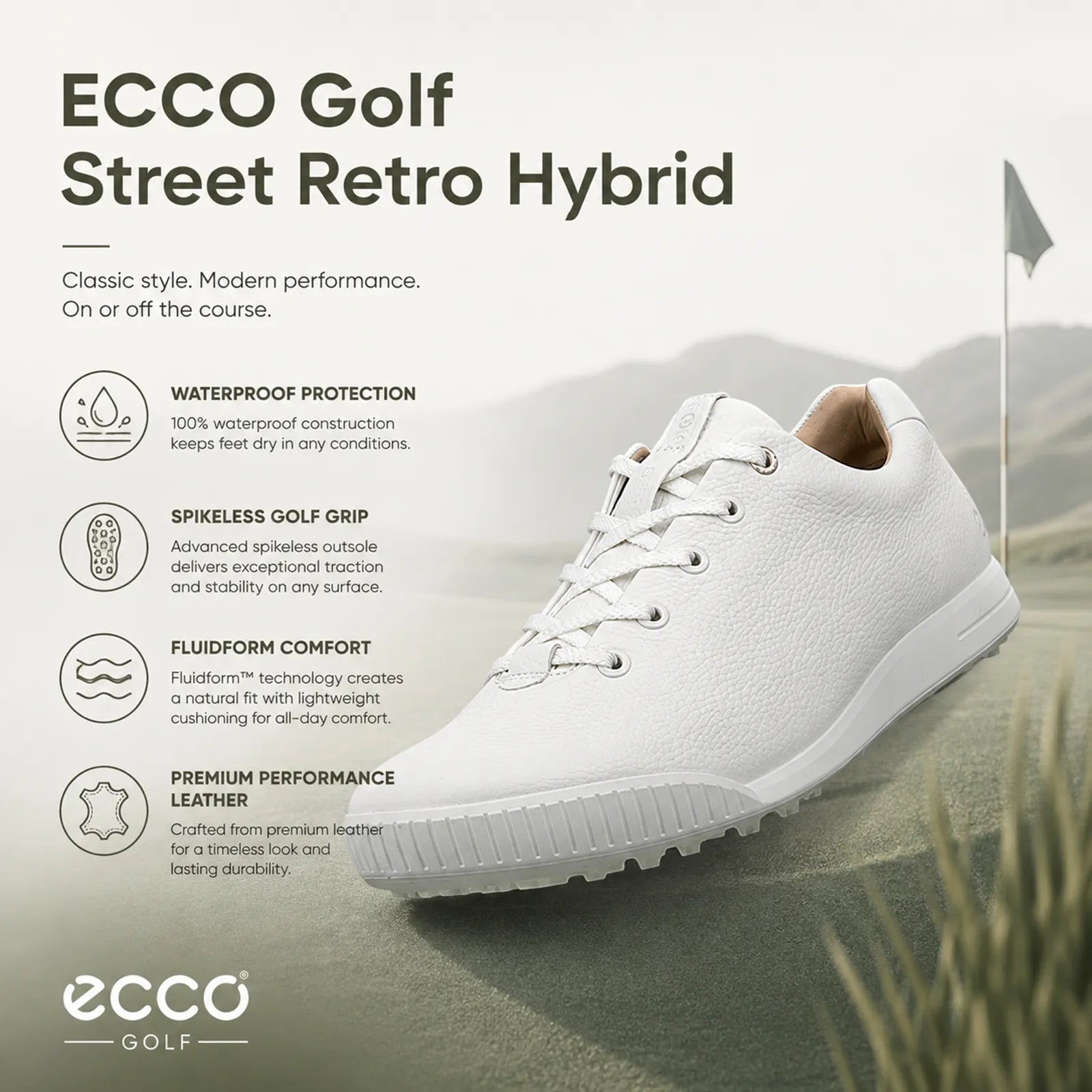 Close-up detail of ECCO Golf Street Retro Hybrid white leather craftsmanship
