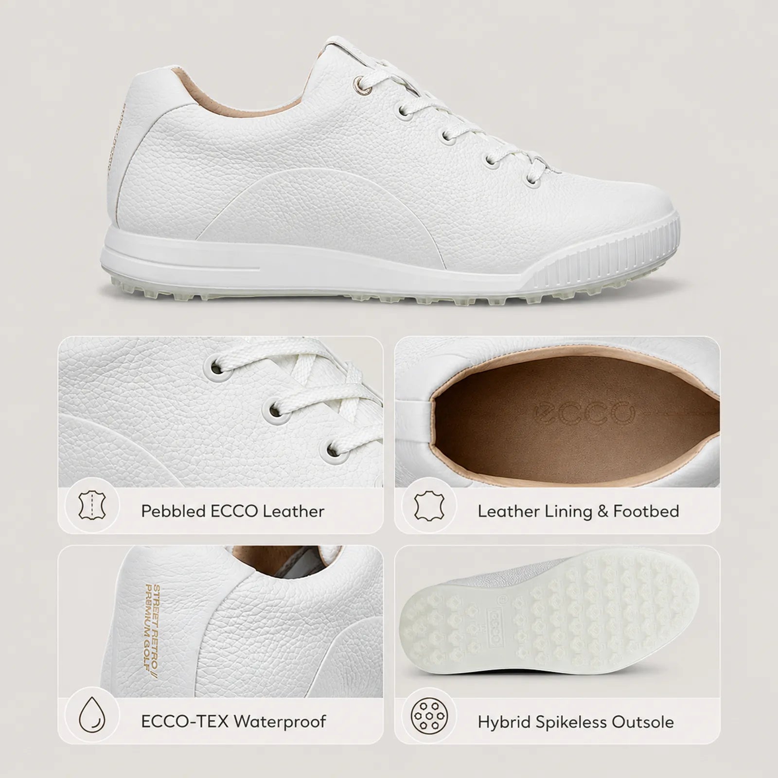 ECCO Golf Street Retro Hybrid white golf shoes with waterproof ECCO-TEX protection