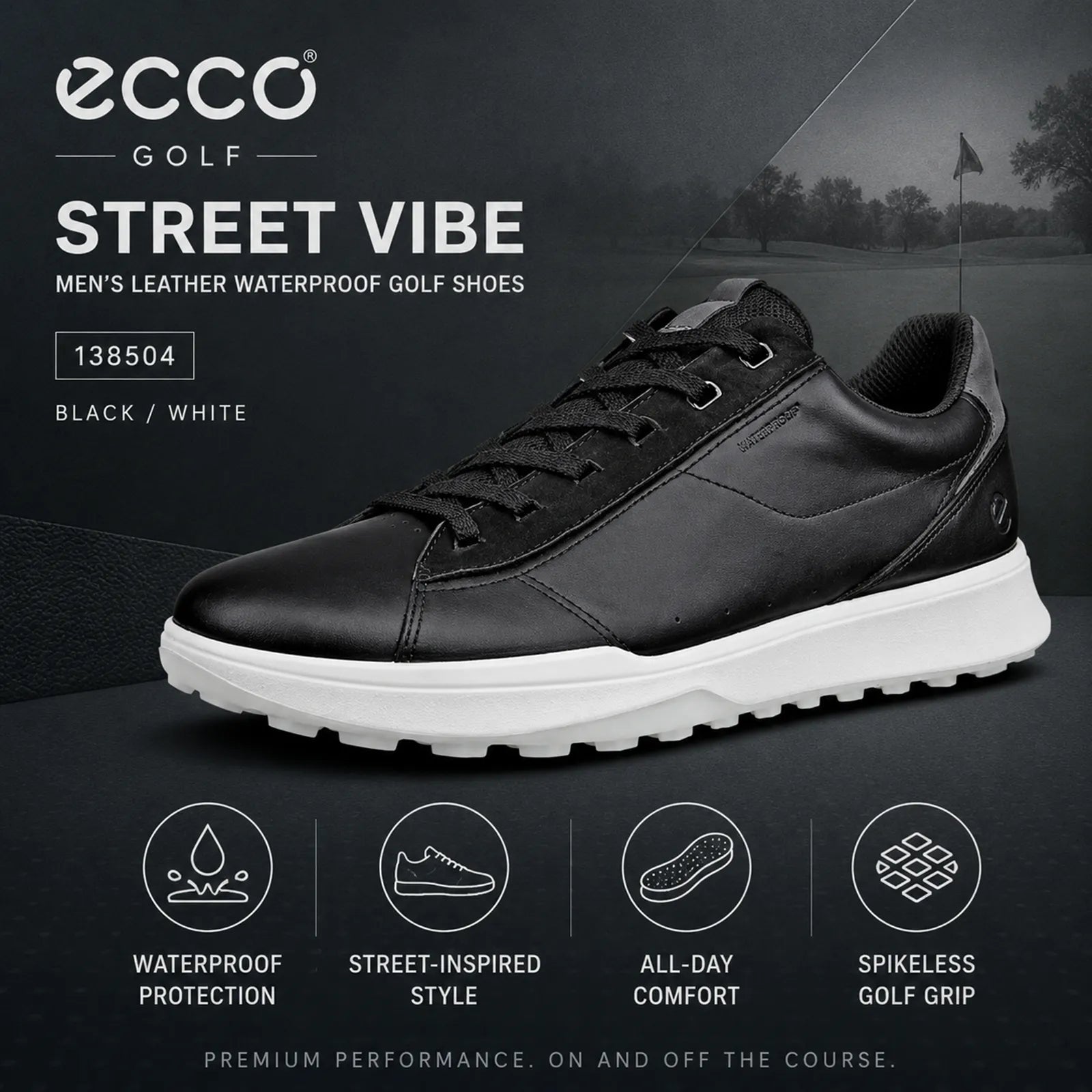 Close-up detail of ECCO Golf Street Vibe black leather upper and golf shoe design