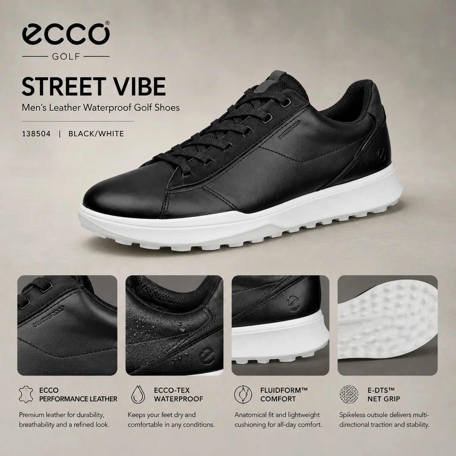ECCO Golf Street Vibe black golf shoes featuring ECCO-TEX waterproof technology