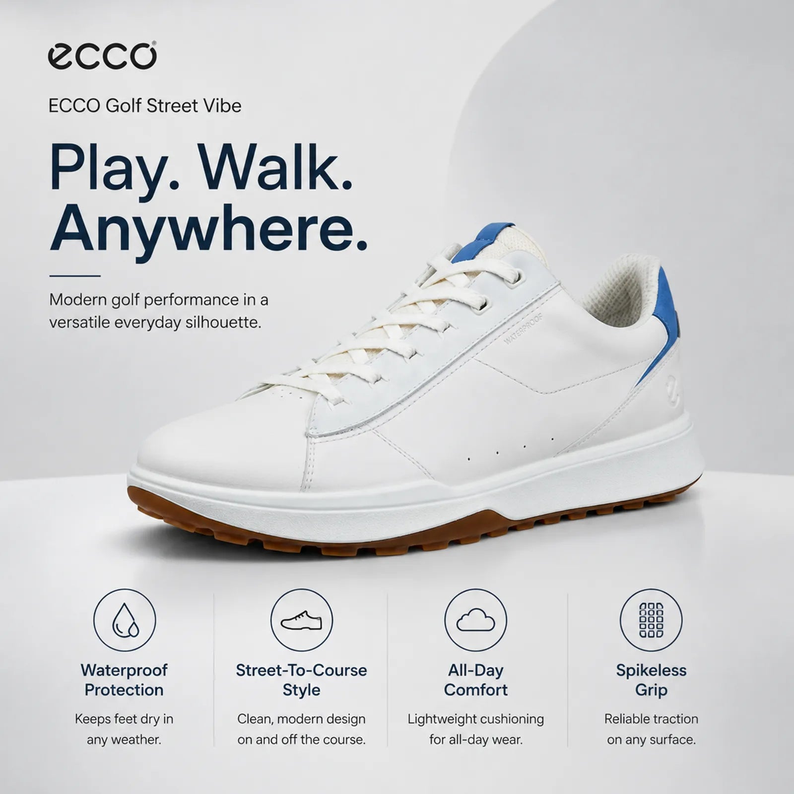 Close-up detail of ECCO Golf Street Vibe white leather upper and construction