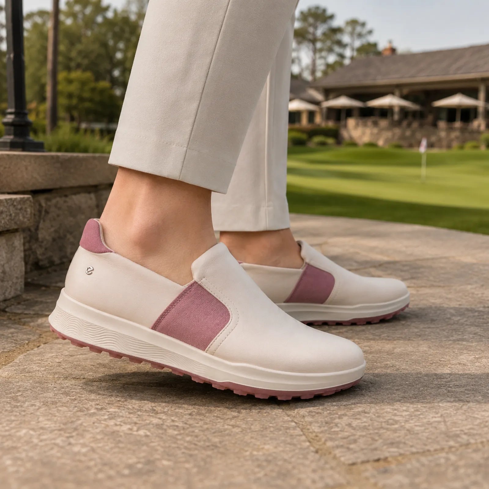 ECCO Golf Street Vibe beige slip on golf shoes shown on foot for comfortable walking