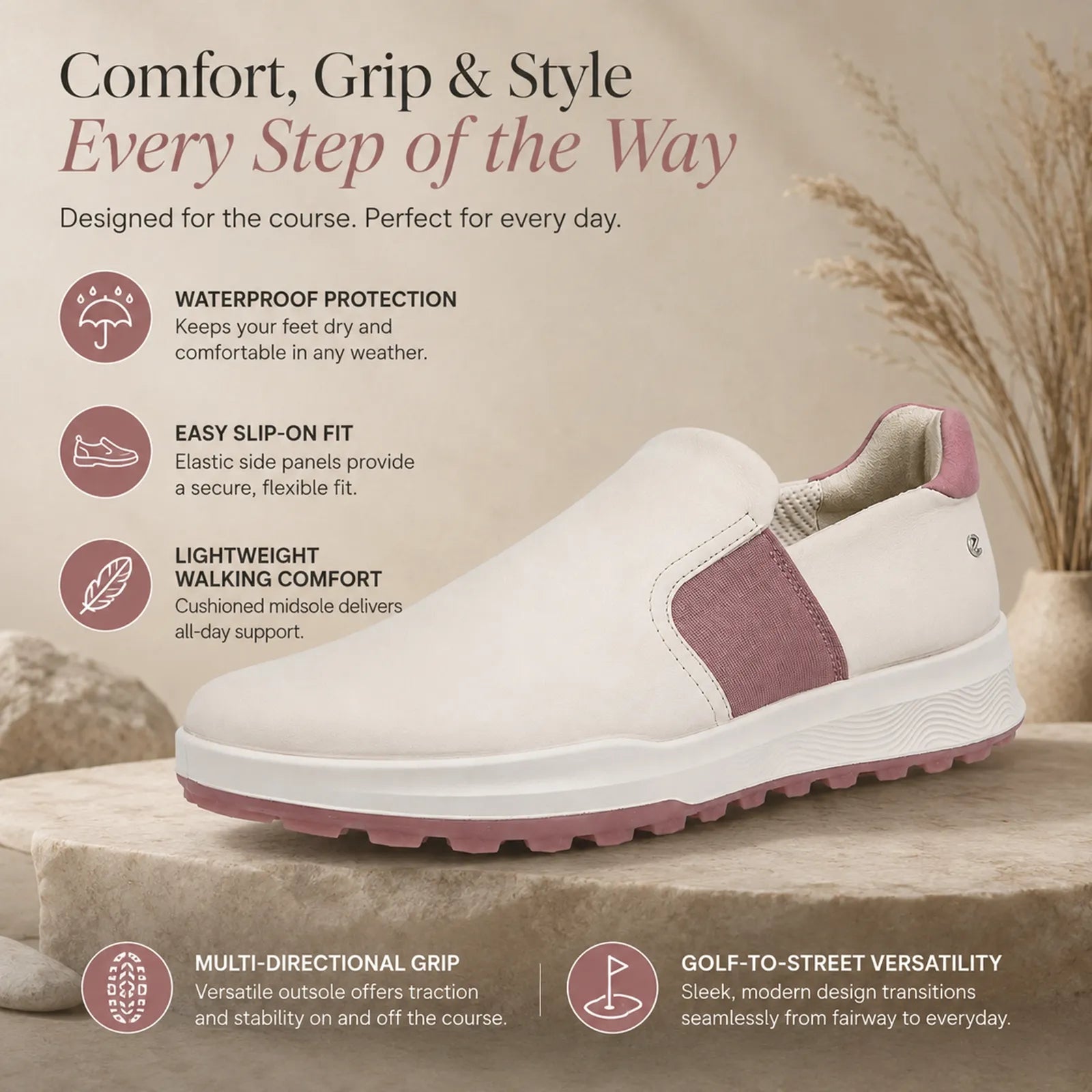 ECCO Golf Street Vibe beige golf shoes featuring ECCO-TEX waterproof protection and removable insole