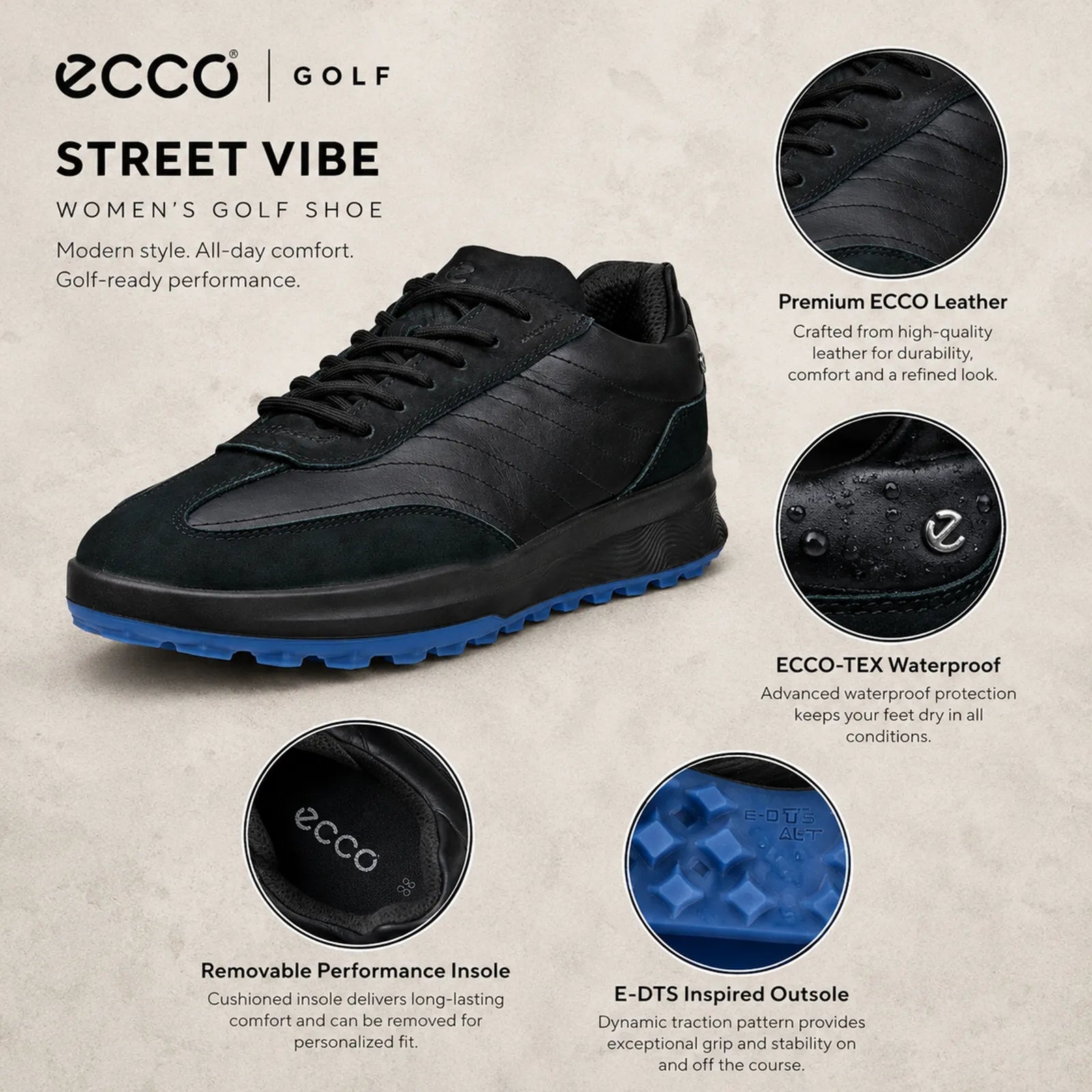 Close-up detail of ECCO Golf Street Vibe black leather upper and lace design
