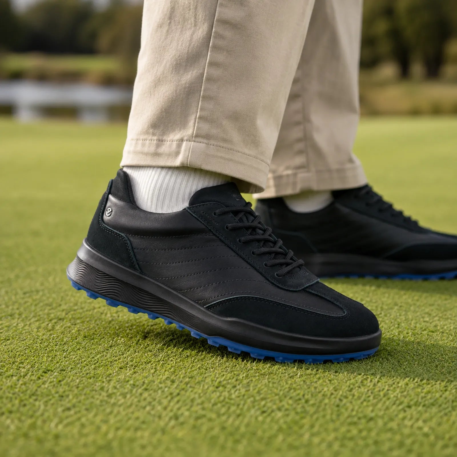 ECCO Golf Street Vibe black golf shoes shown on foot for comfortable walking and golf performance