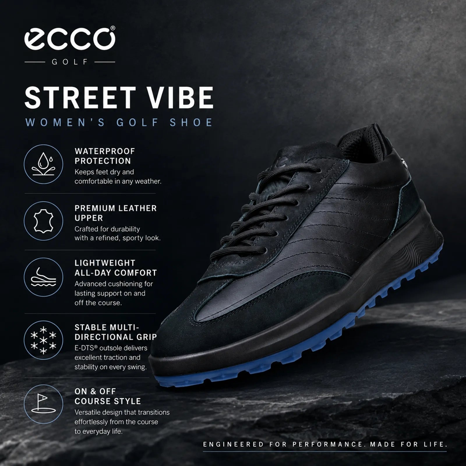 ECCO Golf Street Vibe black golf shoes featuring waterproof ECCO-TEX technology and performance comfort