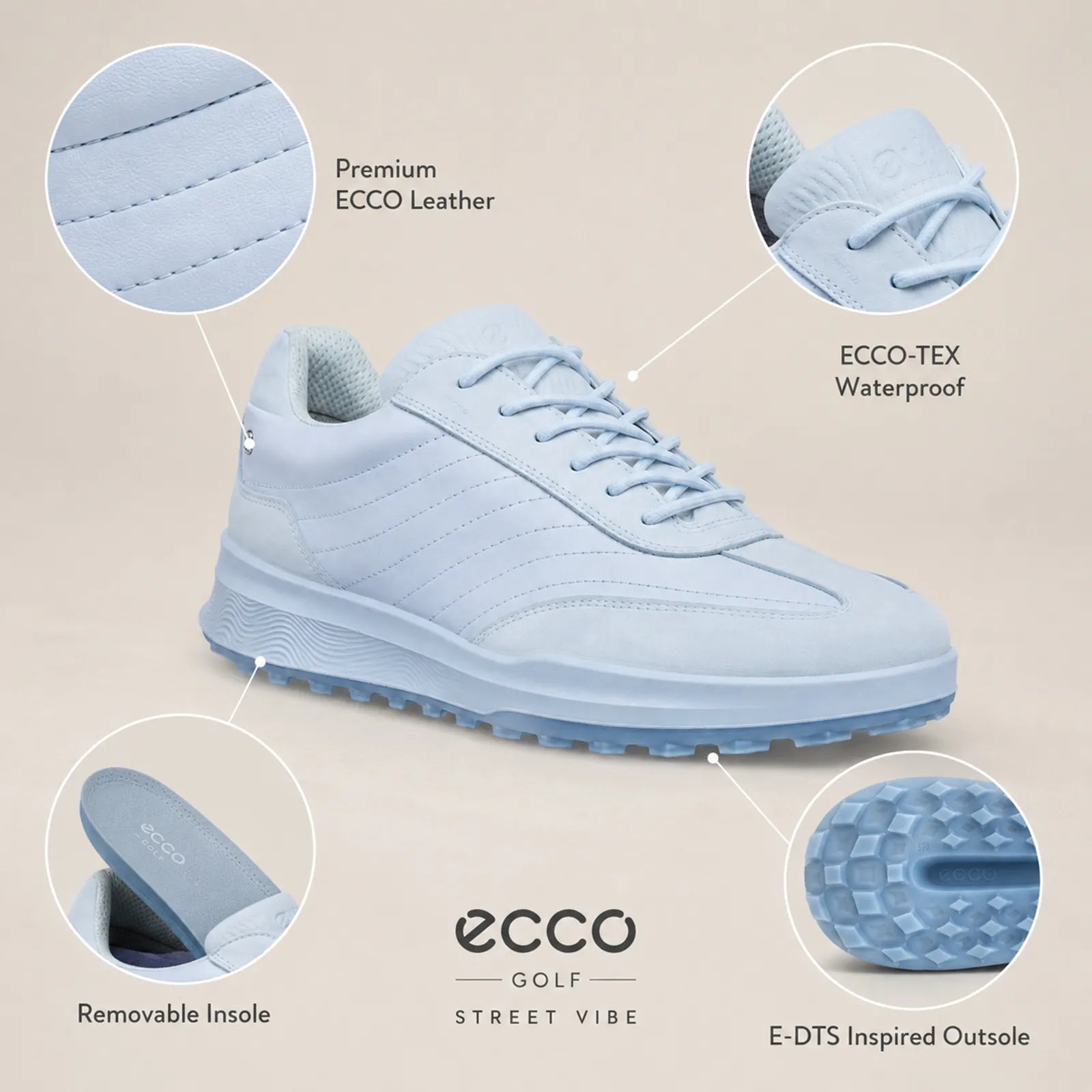 ECCO Golf Street Vibe blue golf shoes featuring ECCO-TEX waterproof protection and cushioning