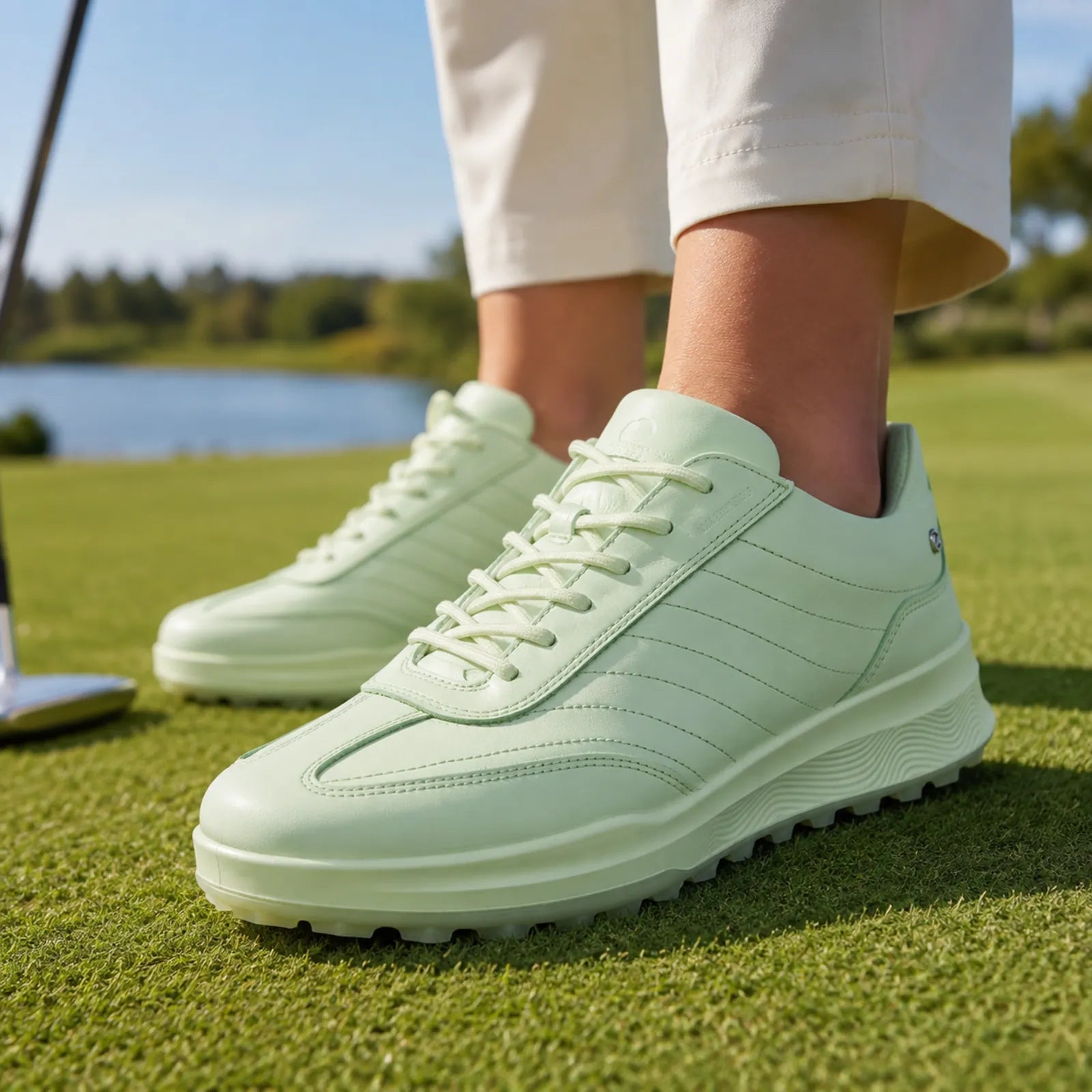 ECCO Golf Street Vibe lime cream golf shoes shown on foot for comfortable everyday movement