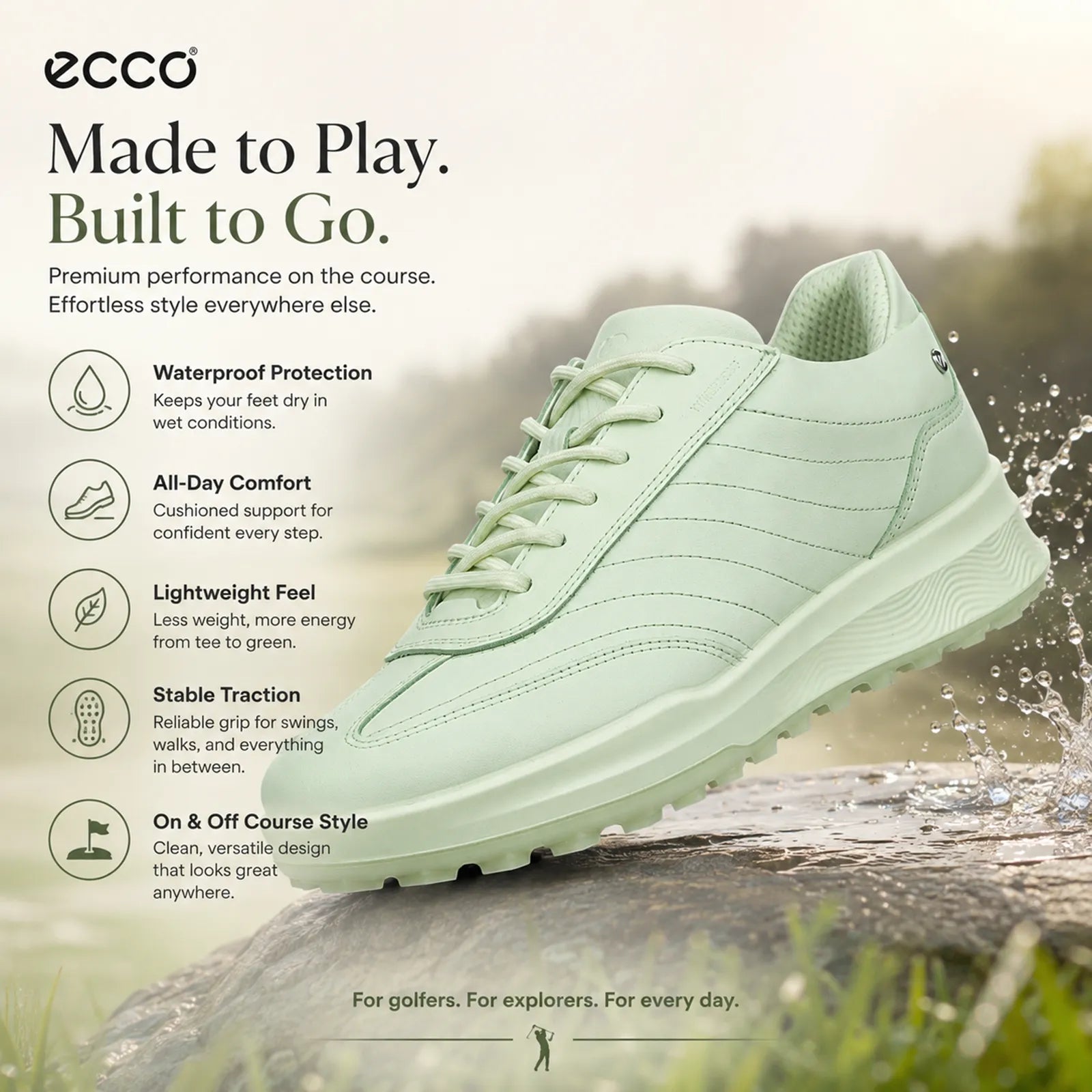 ECCO Golf Street Vibe lime cream golf shoes featuring waterproof ECCO-TEX technology and comfort support